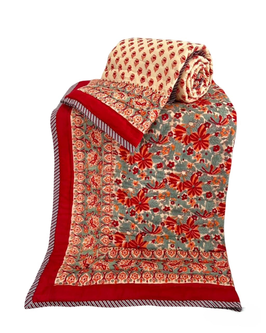 Hand Block Reversible Single Quilt Premium Cotton – Red Floral