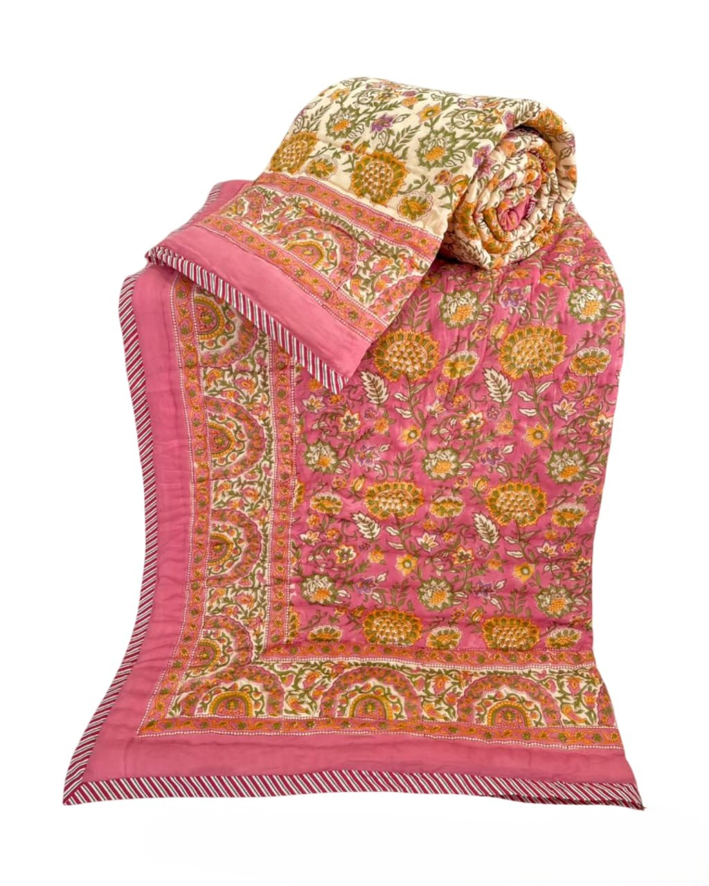 Hand Block Reversible Single Quilt Premium Cotton – Pink Floral