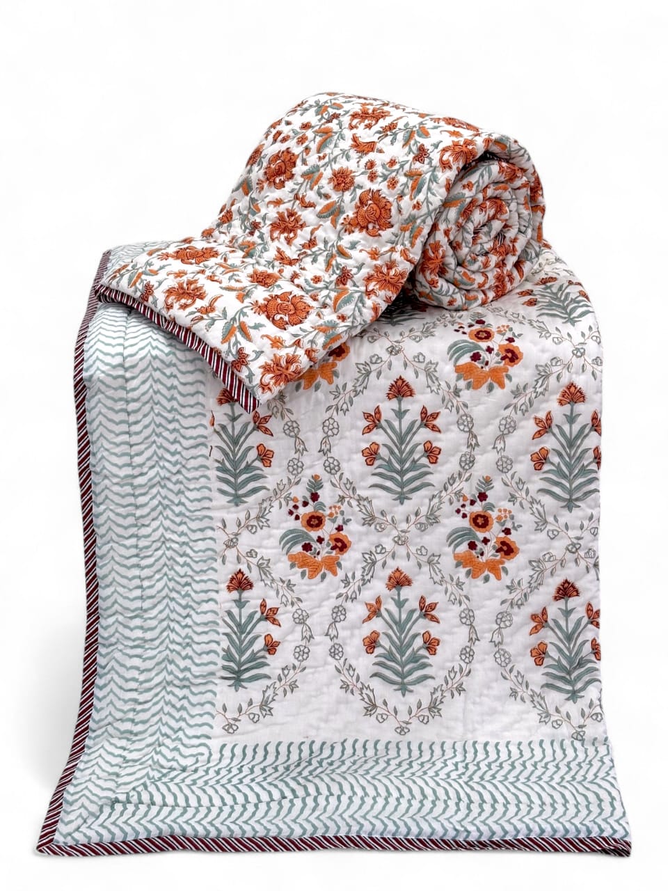 Hand Block Reversible Single Quilt Premium Cotton – Sage Green Floral
