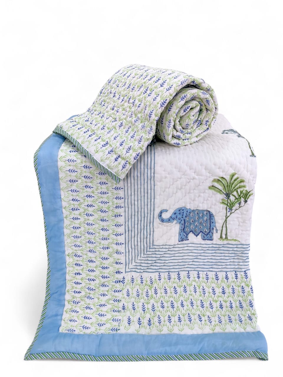 Hand Block Reversible Single Quilt Premium Cotton – Blue Elephant Floral