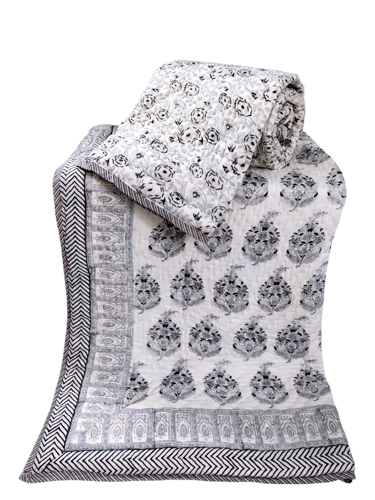 Hand Block Reversible Single Quilt Premium Cotton – Black & White Floral