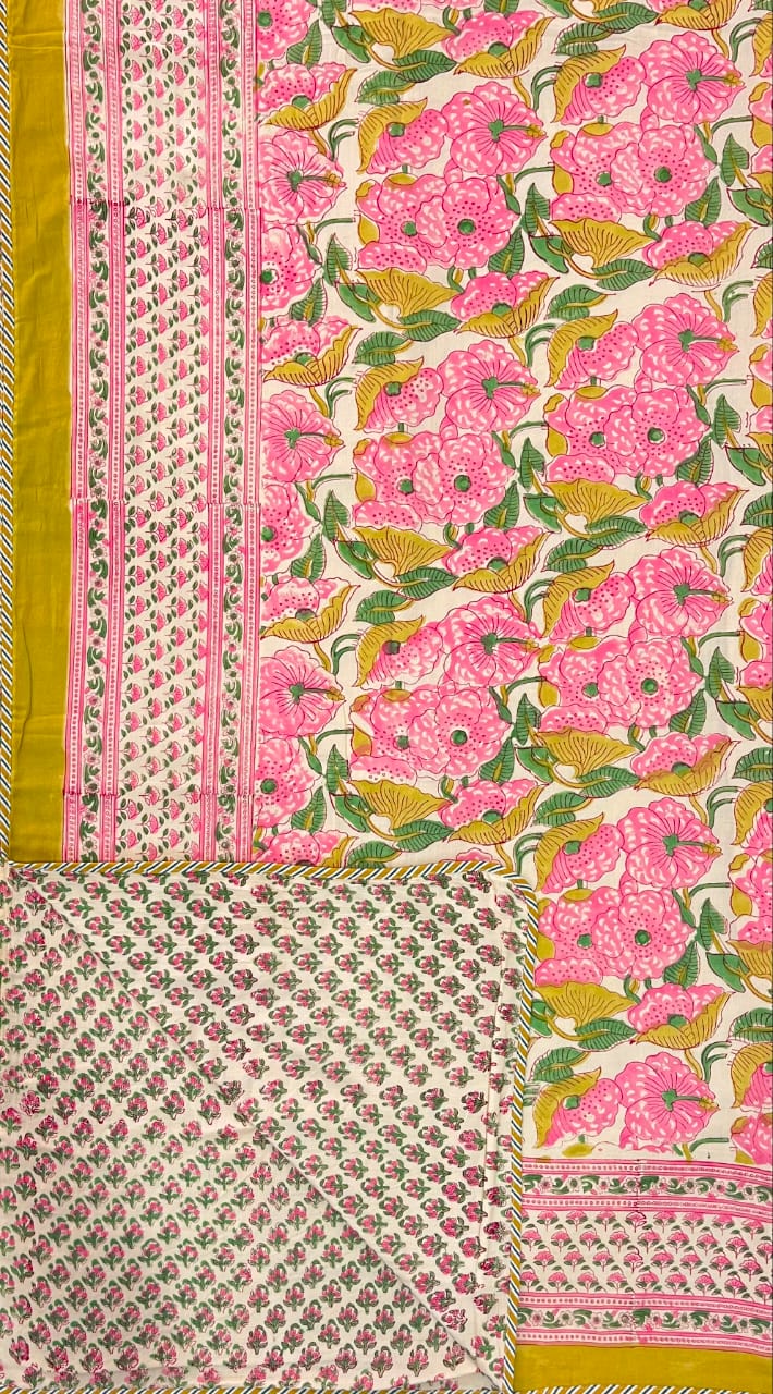 Hand Block Reversible Single Dohar Premium Cotton – Pink Floral & Mustard