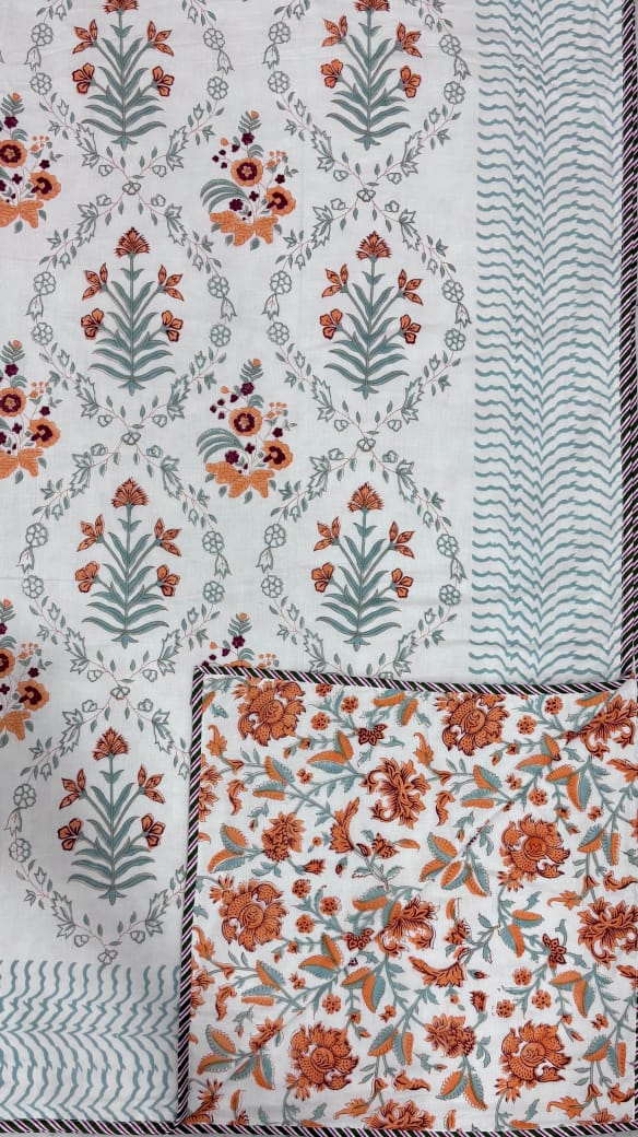 Hand Block Reversible Single Dohar Premium Cotton –  Rust Floral