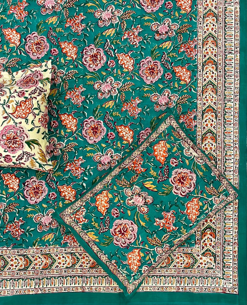 Hand Block Thick Cotton Bedsheet – Emerald Teal Floral