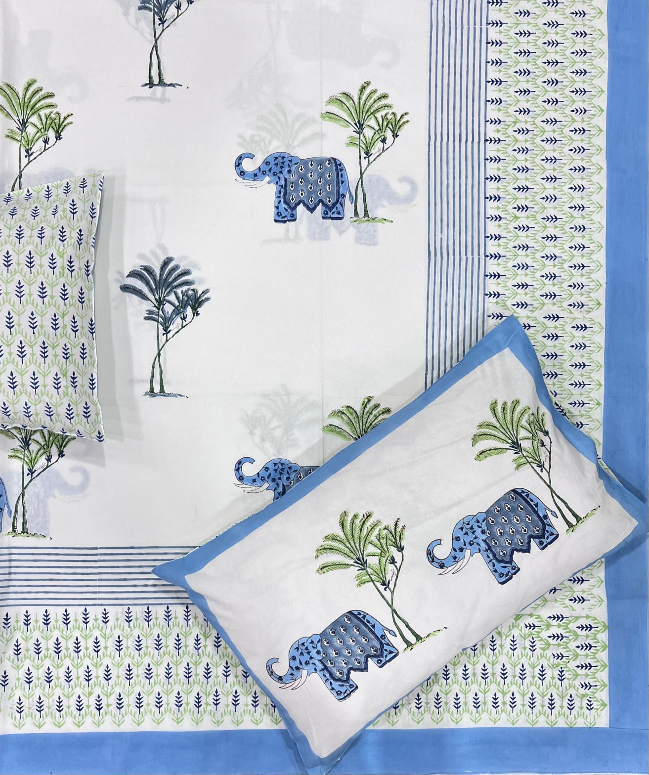 Hand Block Thick Cotton 90*108 Bedsheet – Powder Blue Elephant Garden