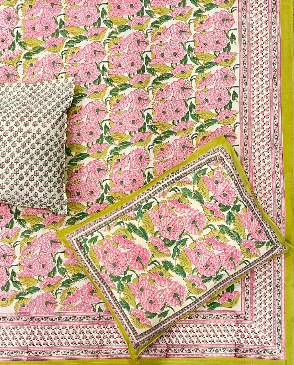 Hand Block Thick Cotton 90*108 Bedsheet – Pink Blossom & Lime Green