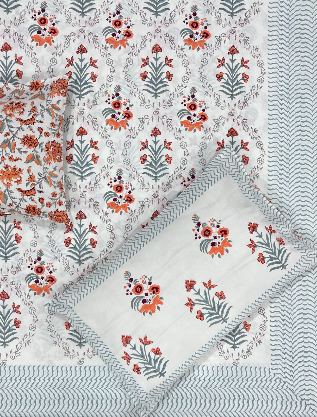 Hand Block Thick Cotton 90*108 Bedsheet – Powder Blue & Coral Floral