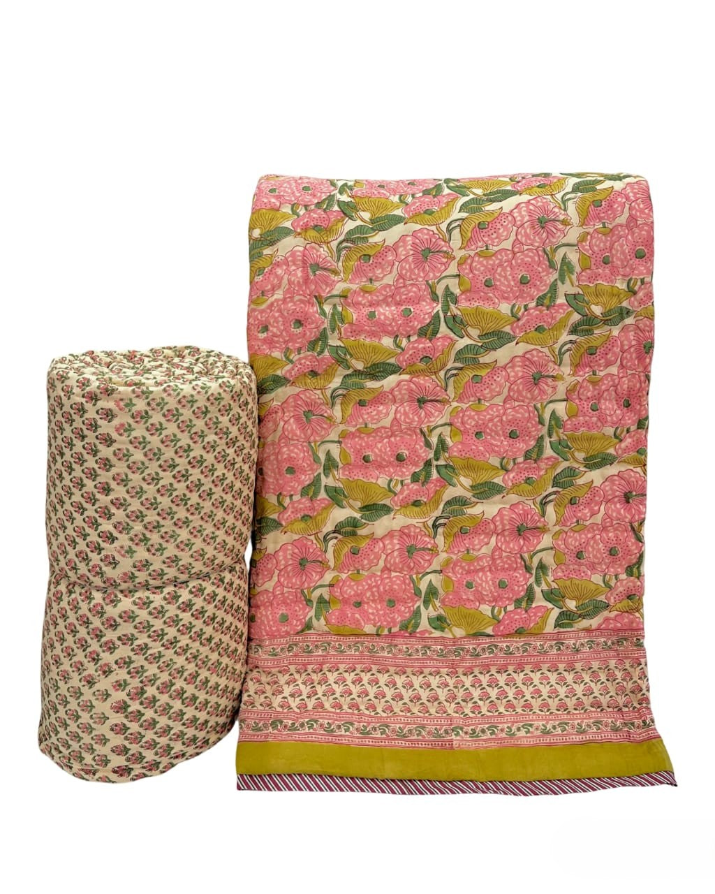 Hand Block Premium Cotton 90*108 Quilt – Blush Pink Floral & Olive
