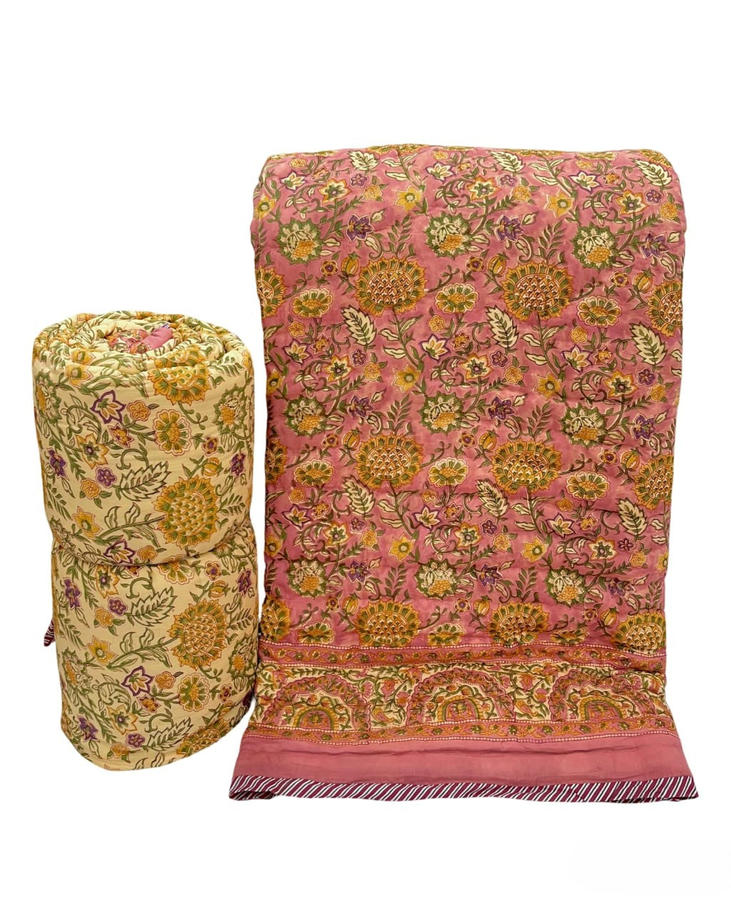 Hand Block Premium Cotton 90*108 Quilt – Dusty Rose Pink & Mustard Floral