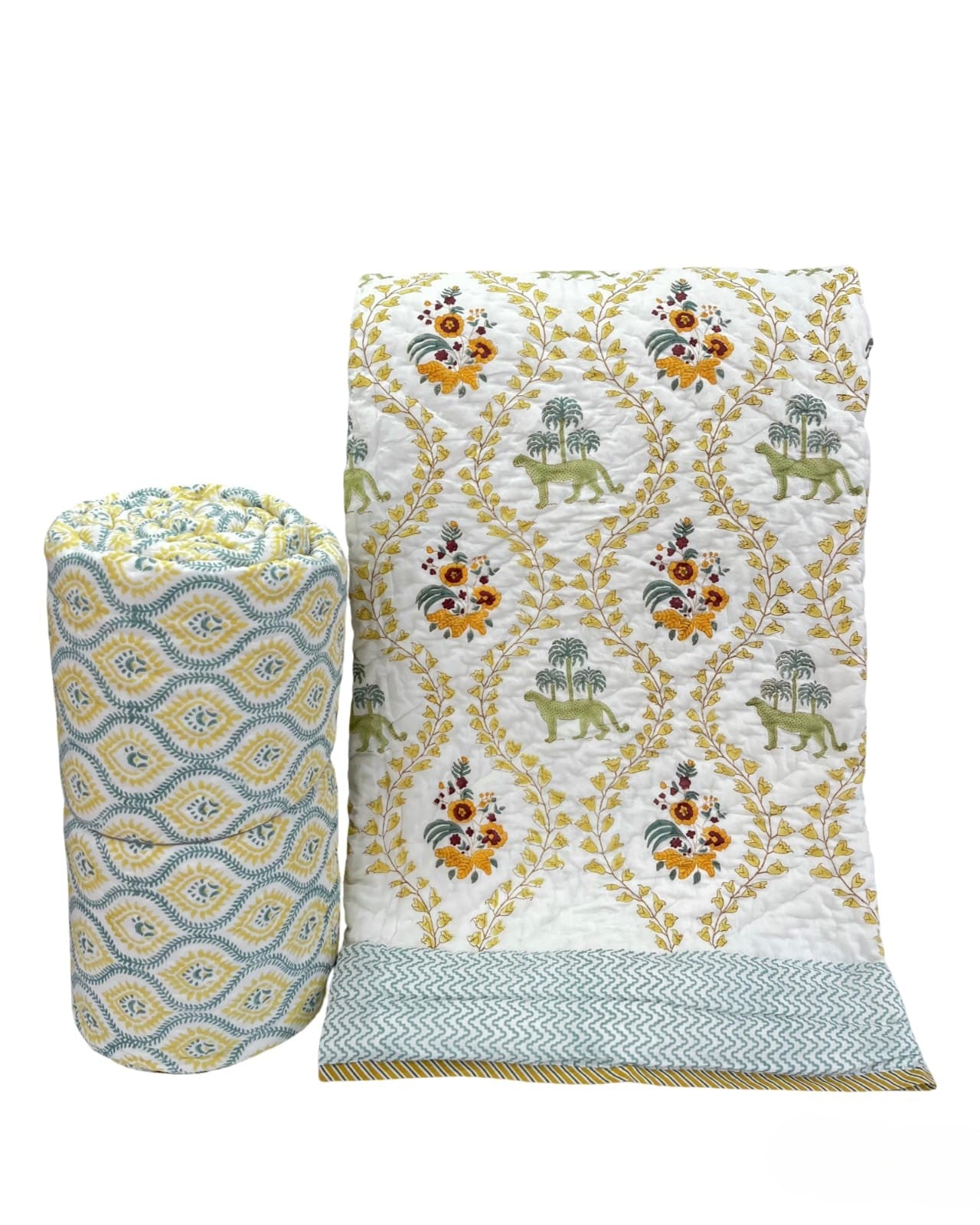 Hand Block Premium Cotton 90*108 Quilt – Ivory, Sage Green & Mustard
