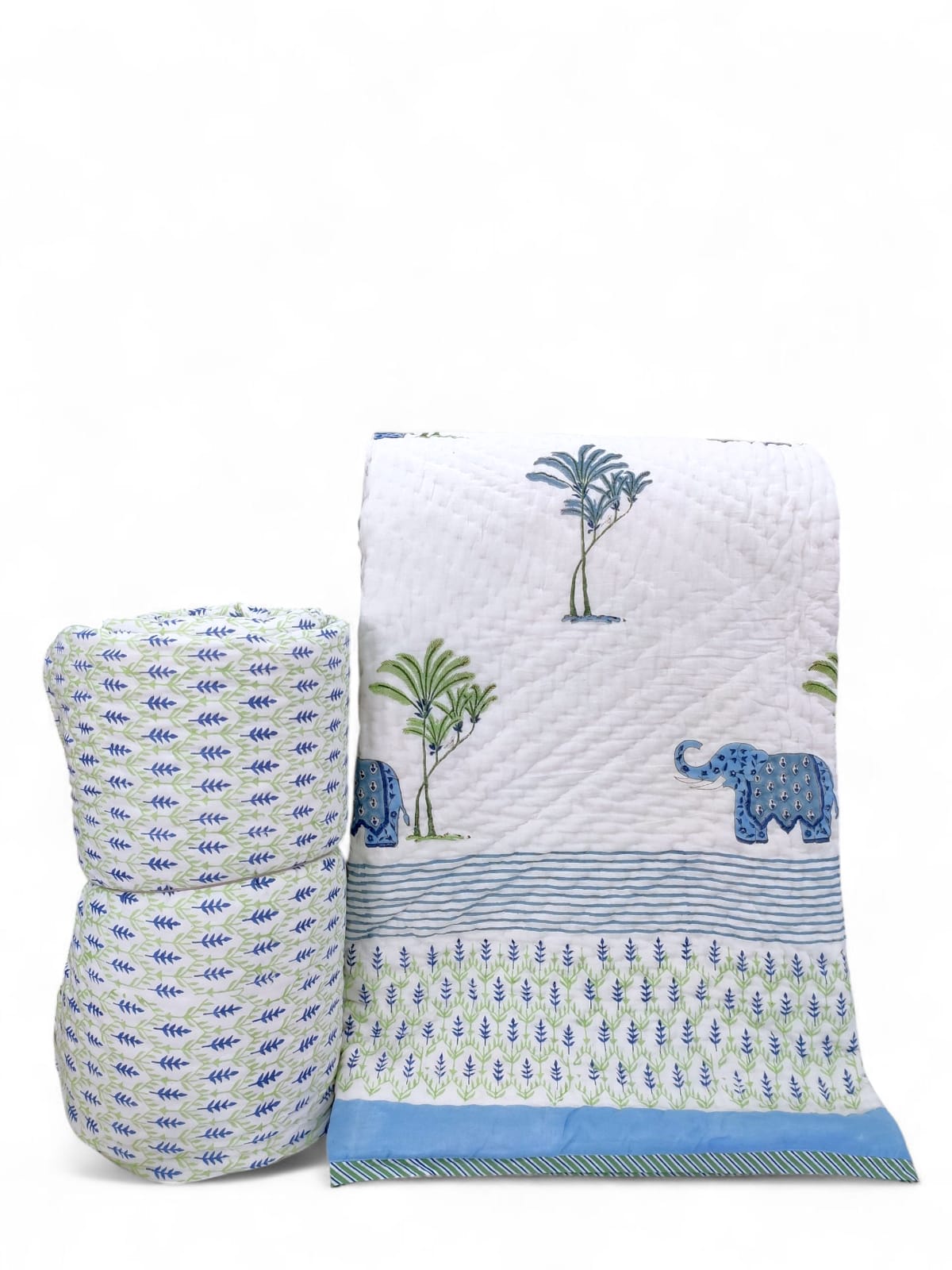 Hand Block Premium Cotton 90*108 Quilt – Sky Blue Elephant & Sage Green