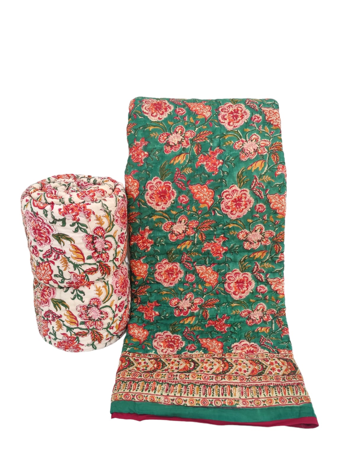 Hand Block Premium Cotton 90*108 Quilt – Emerald Green & Floral Red