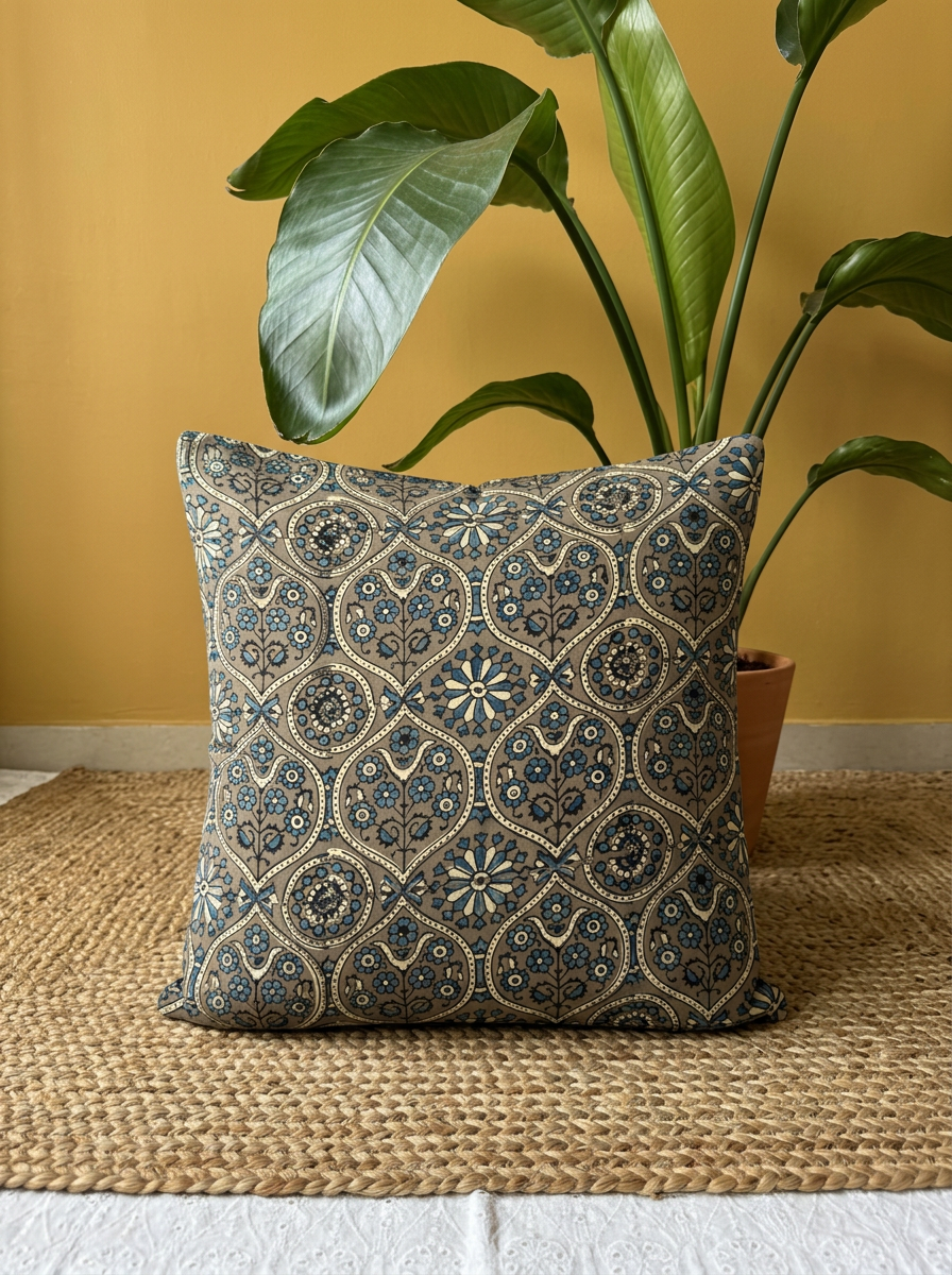 Ajrakh Modal Chakra Phool Mandala Grey Cushion Cover