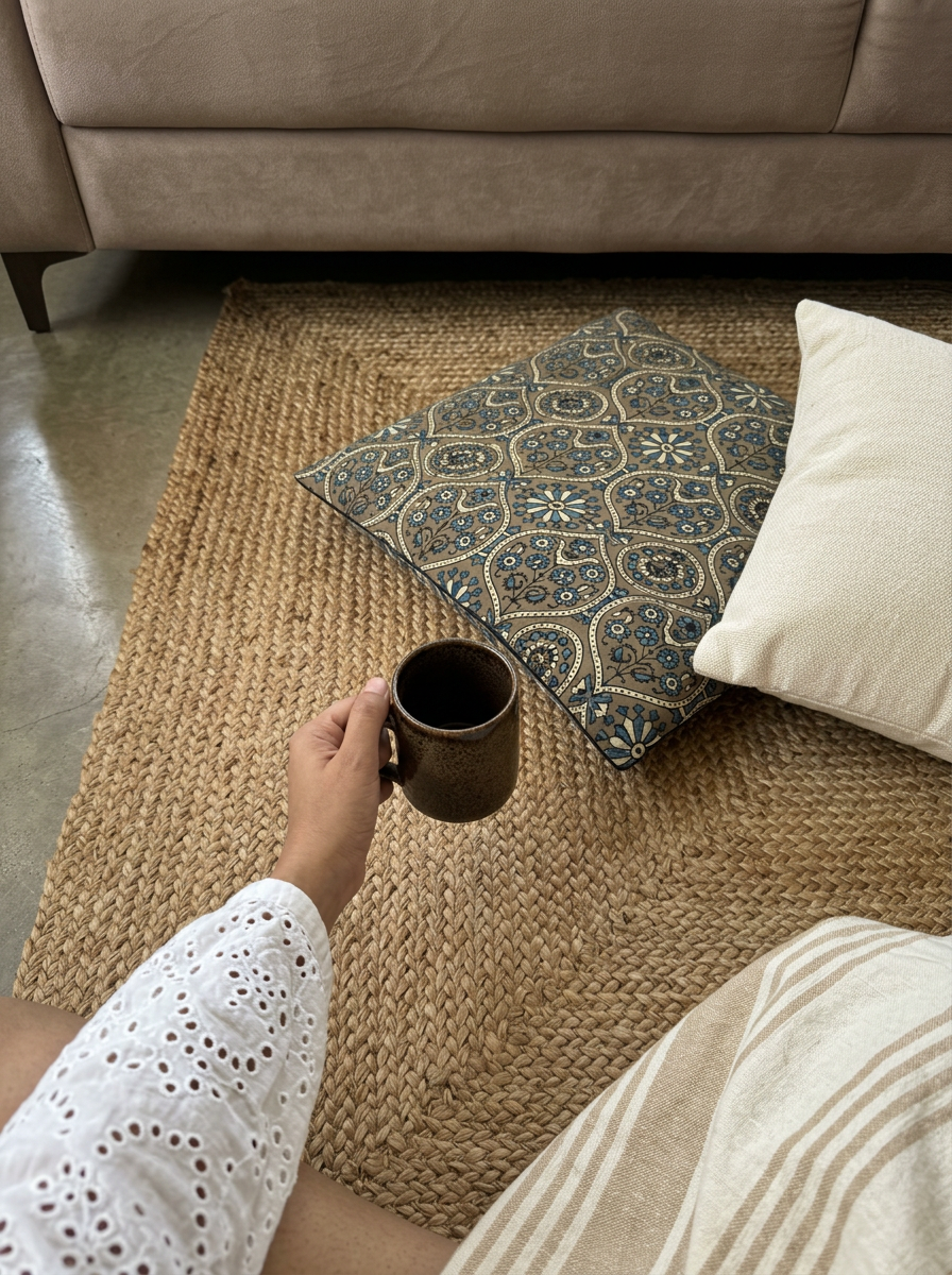Ajrakh Modal Chakra Phool Mandala Grey Cushion Cover