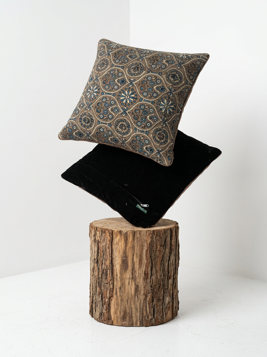 Ajrakh Modal Chakra Phool Mandala Grey Cushion Cover