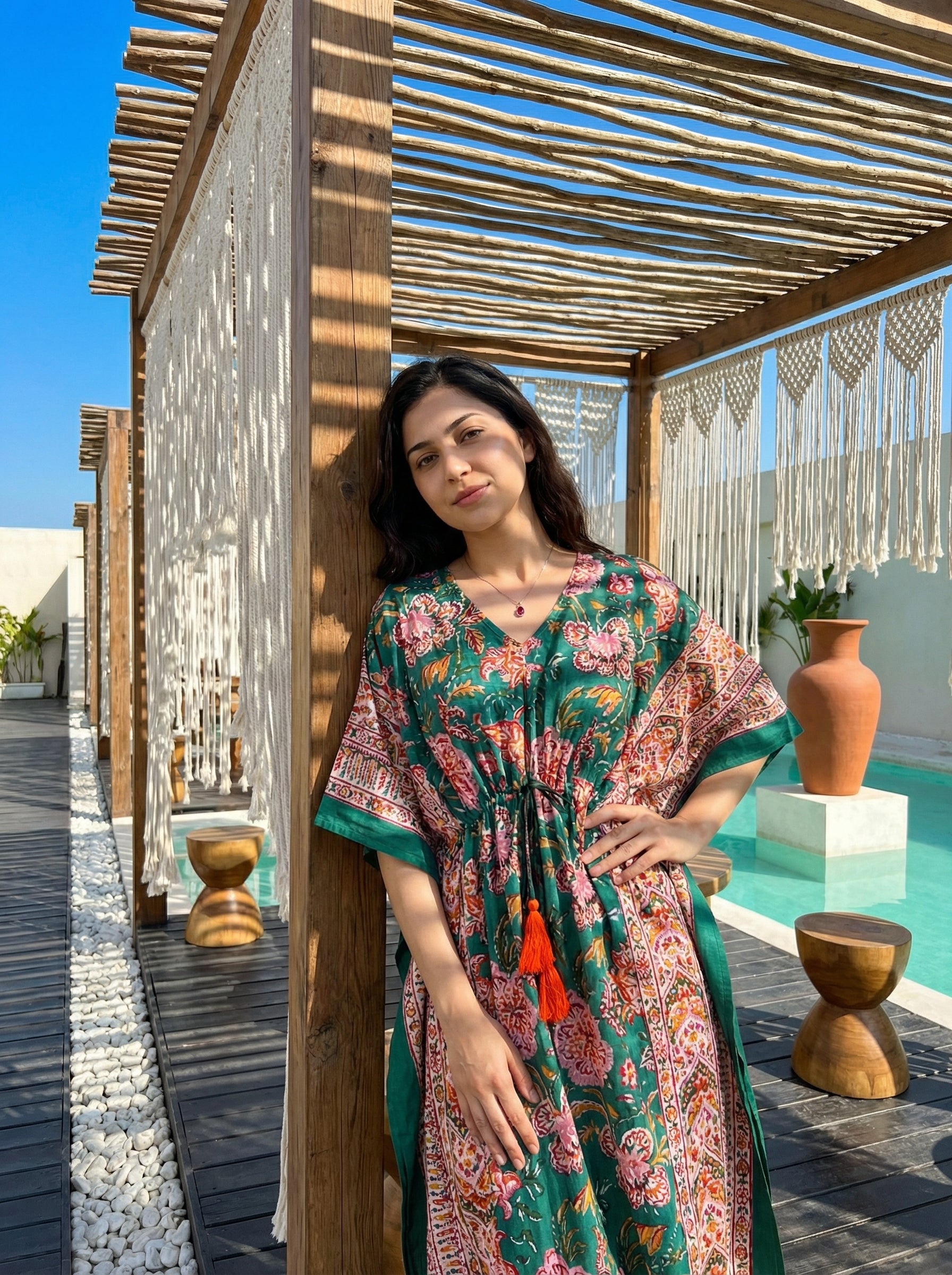 Long Mul Cotton Dark Green Kaftan