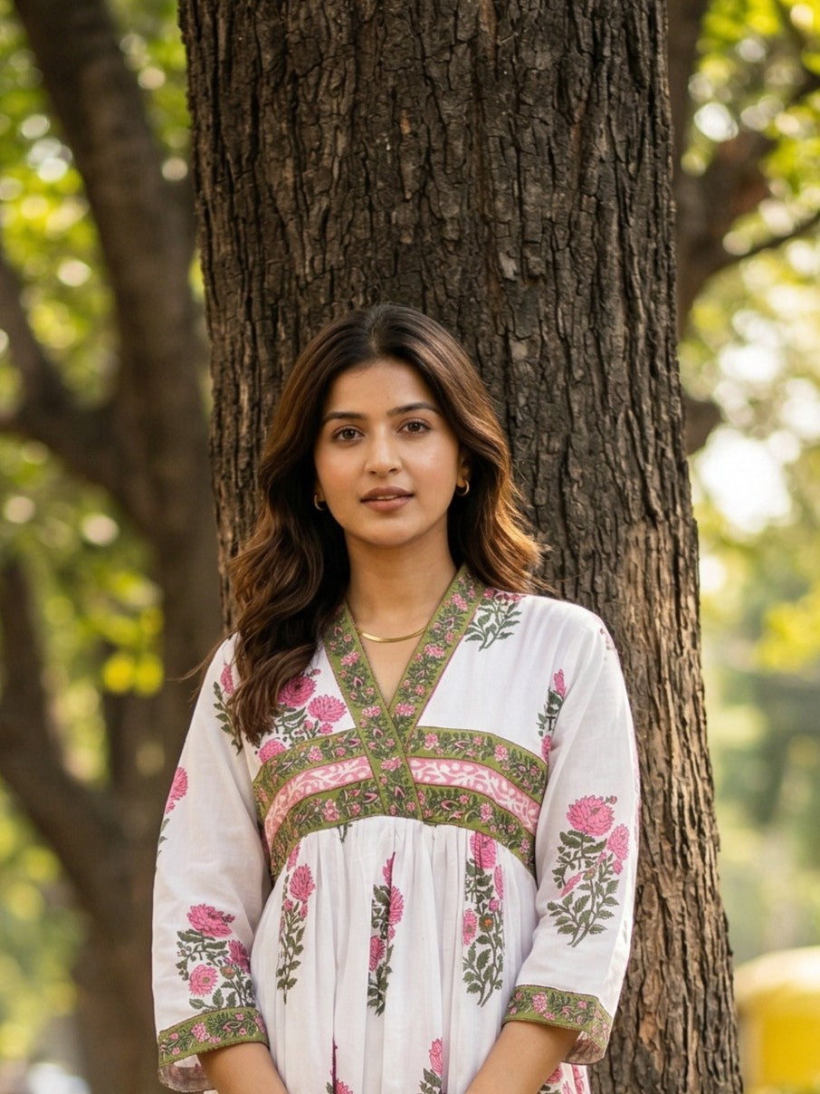 Green and Pink Cotton Mughal Butta Frock
