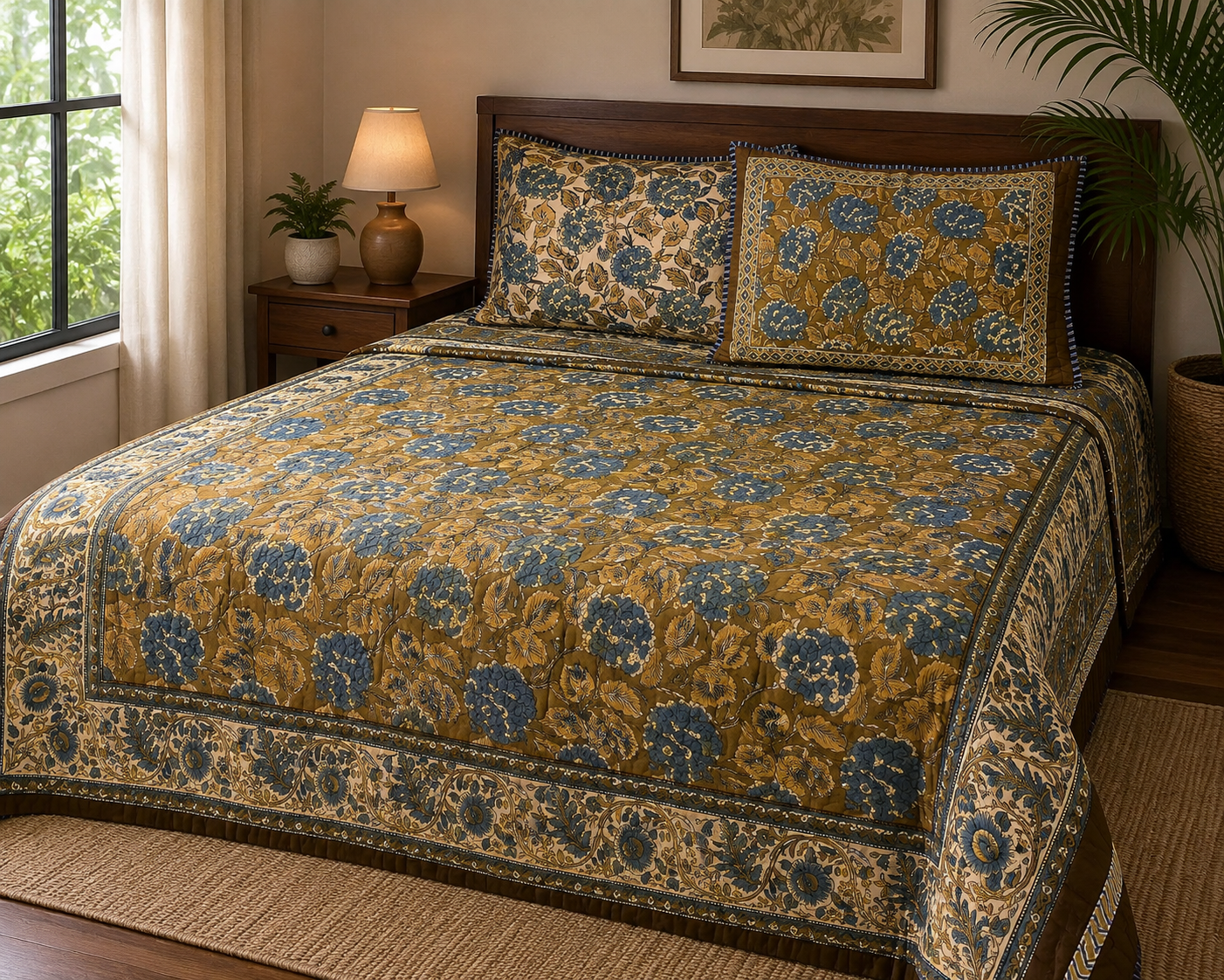 Indigo Saffron Garden Comforter (Hand Block) - 90*108
