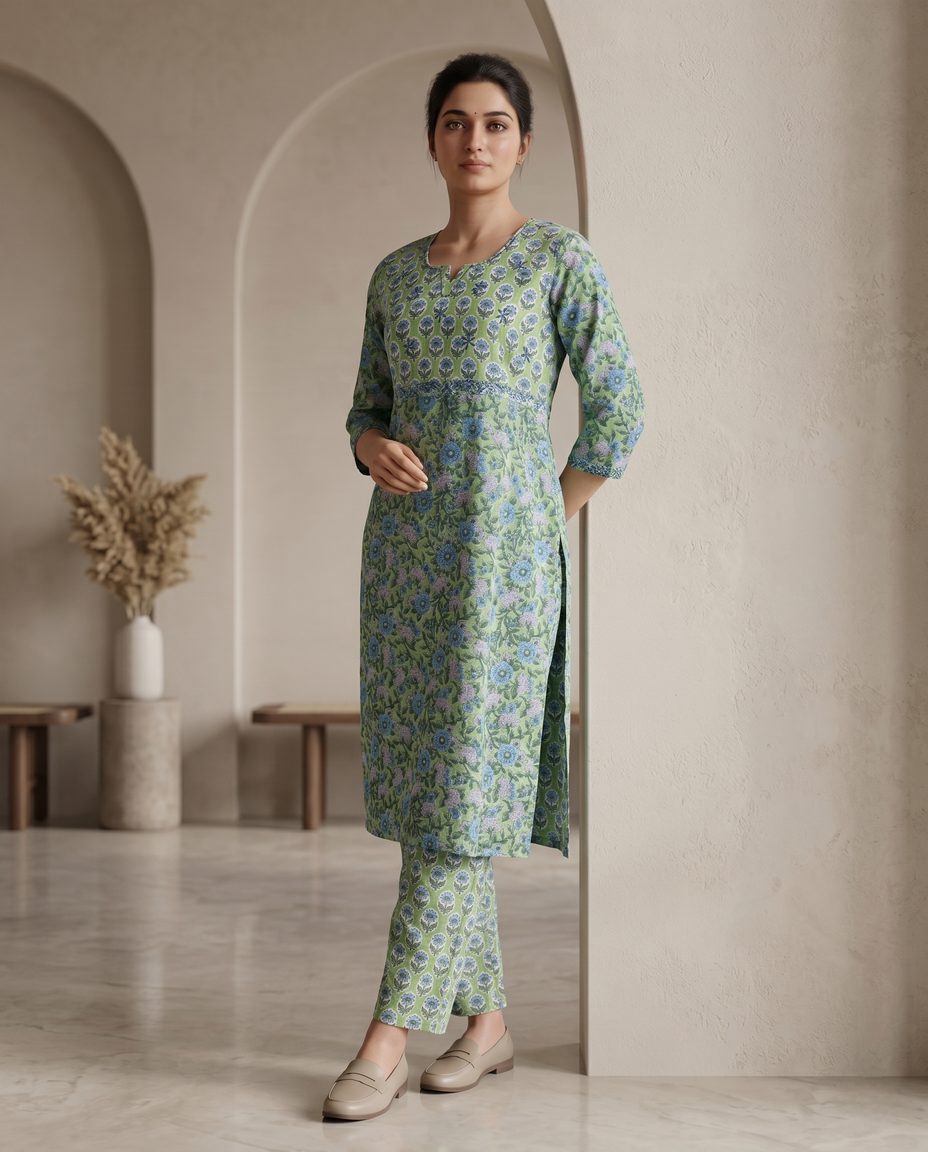 GOLDEN GRACE EMBROIDERY KURTA PANT SET - HANDBLOCK