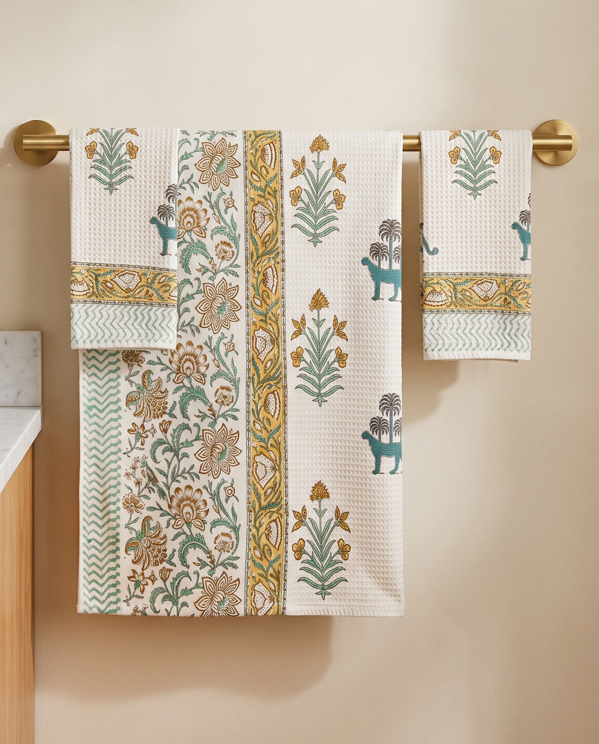 MYSTIC TEAL BOTANICAL HAND BLOCK WAFFLE BATH TOWEL SET