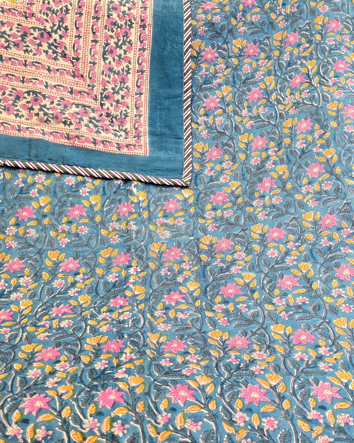 Midnight Teal Floral Vine Hand Block Cotton Double Dohar