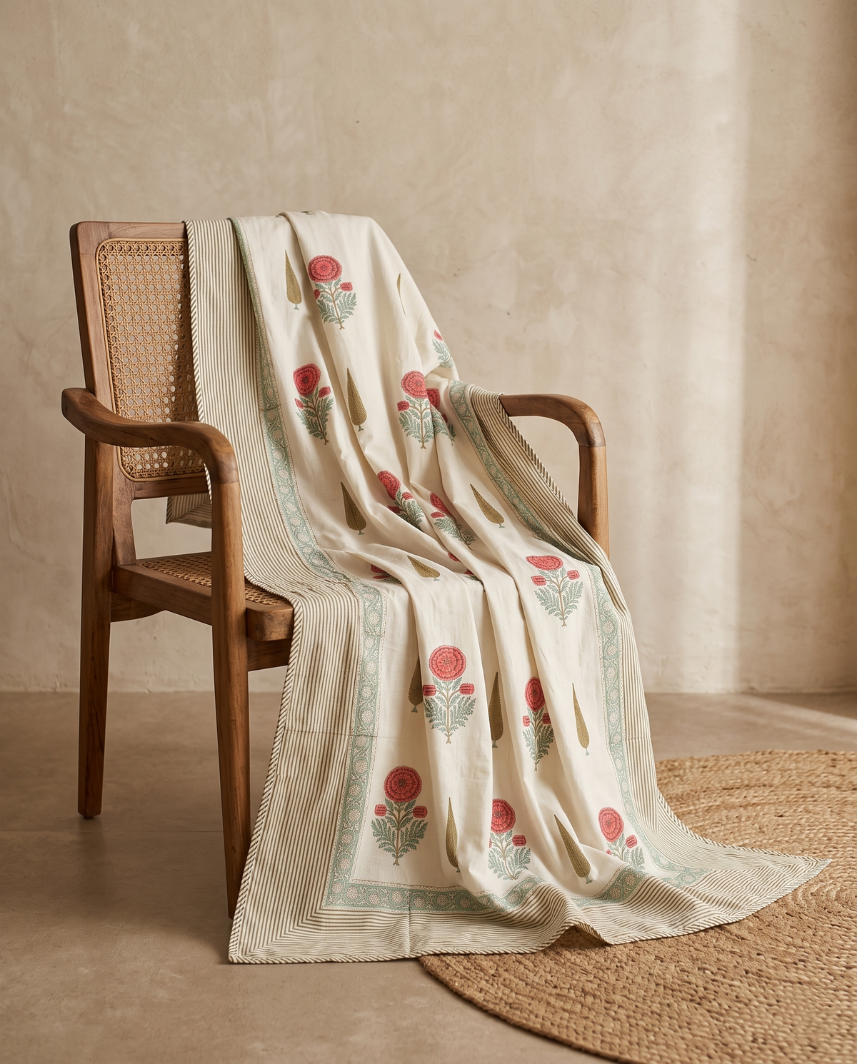 Gulabi Cypress Ivory Hand Block Cotton Dohar