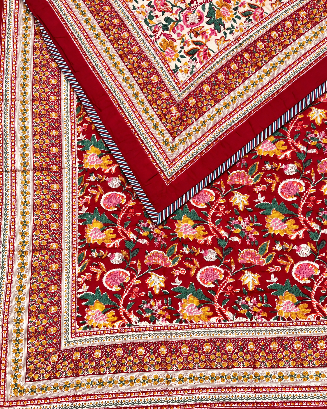 The Crimson Floral Garden Handblock Cotton Reversible Quilt
