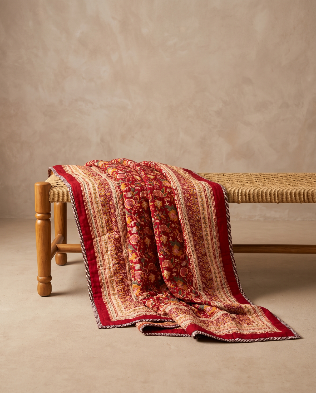 The Crimson Floral Garden Handblock Cotton Reversible Quilt