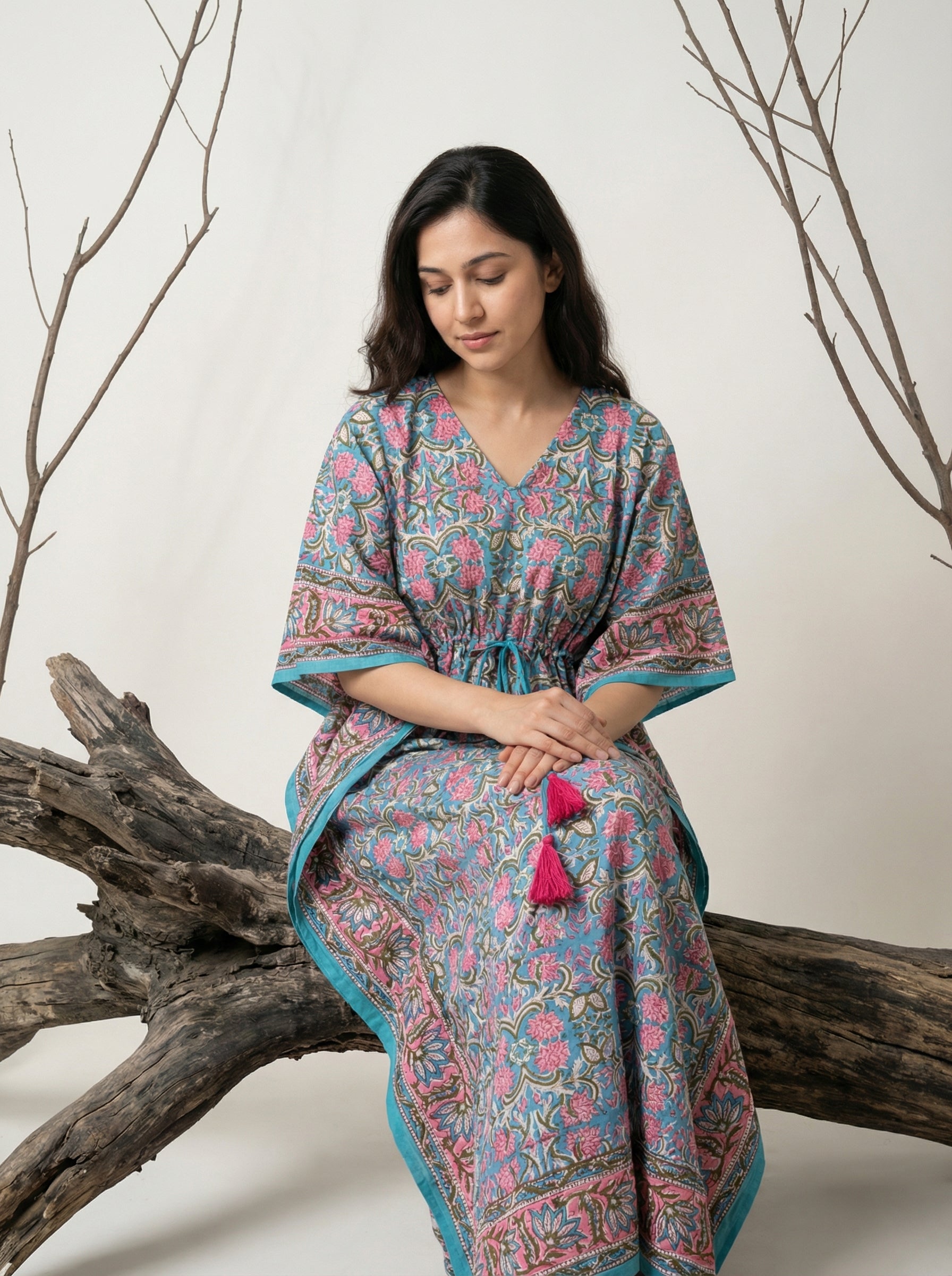 Long Mul Cotton Green/Pink Kaftan