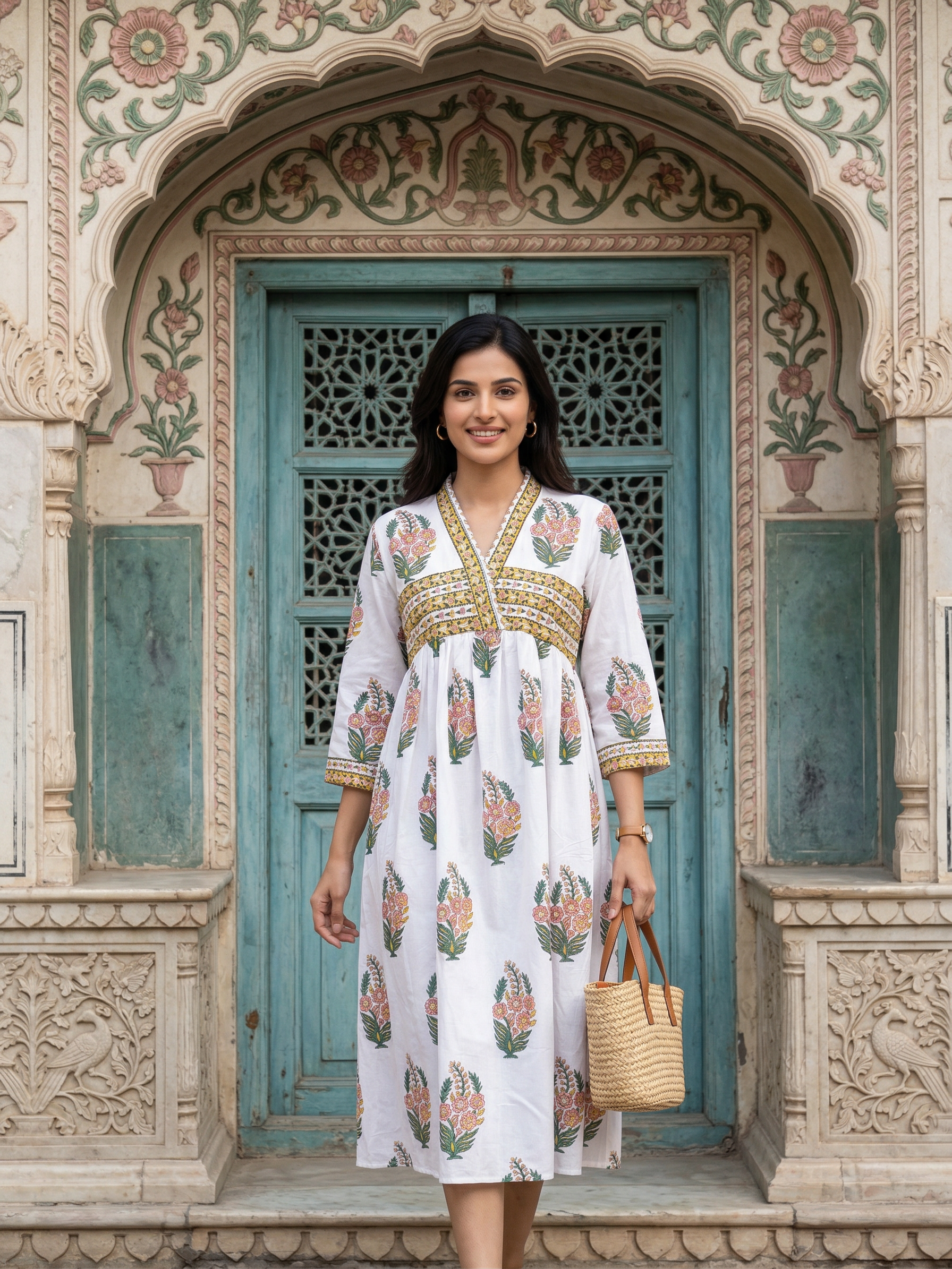 Yellow and Pink Cotton Mughal Butta Frock