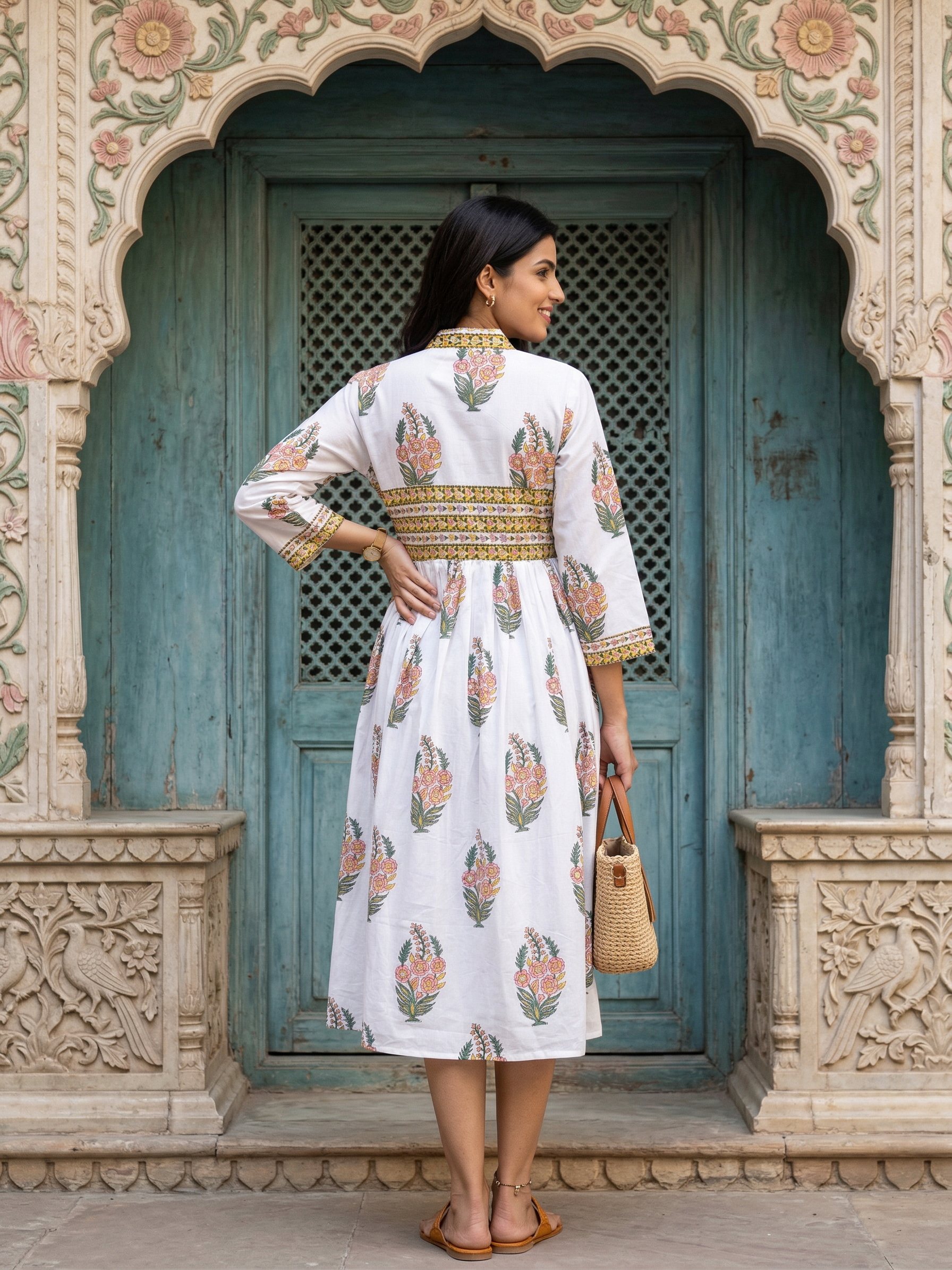 Yellow and Pink Cotton Mughal Butta Frock