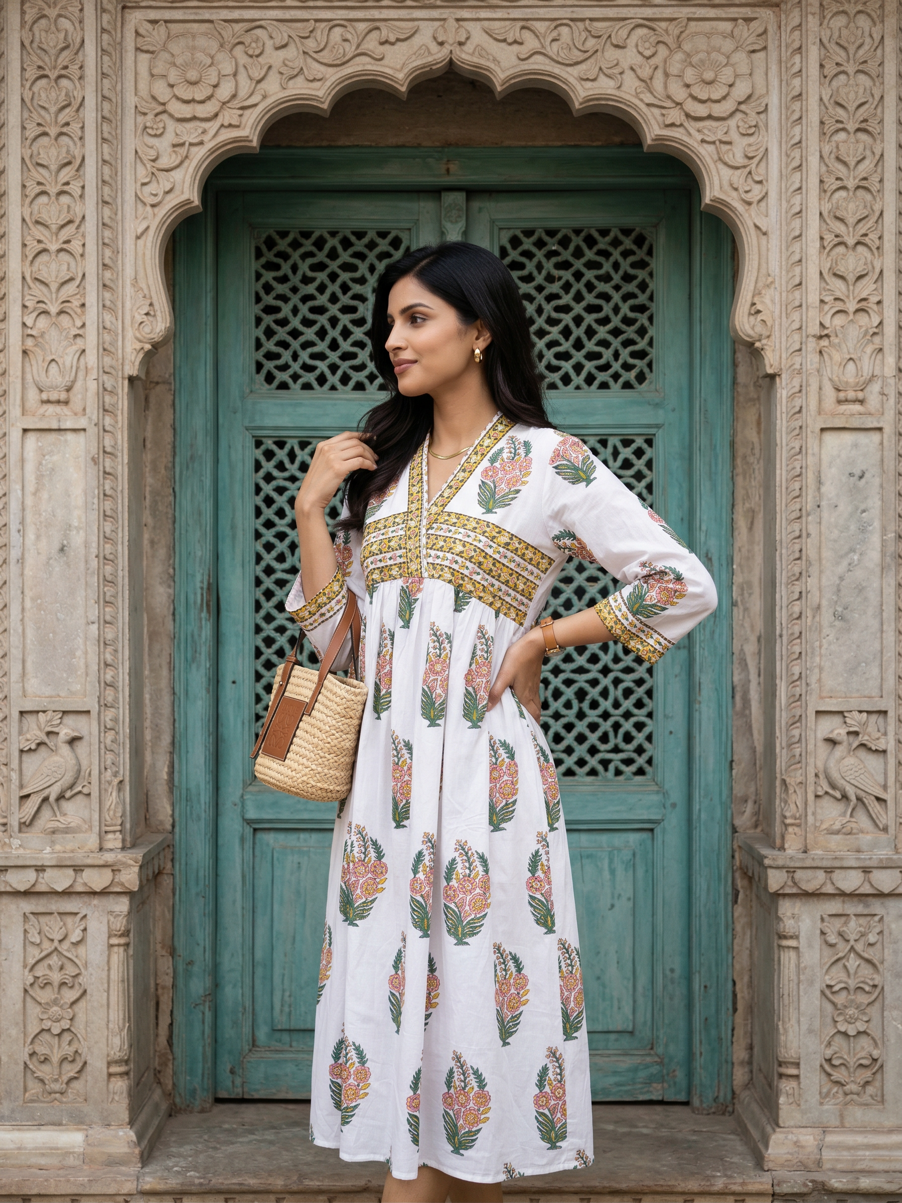 Yellow and Pink Cotton Mughal Butta Frock
