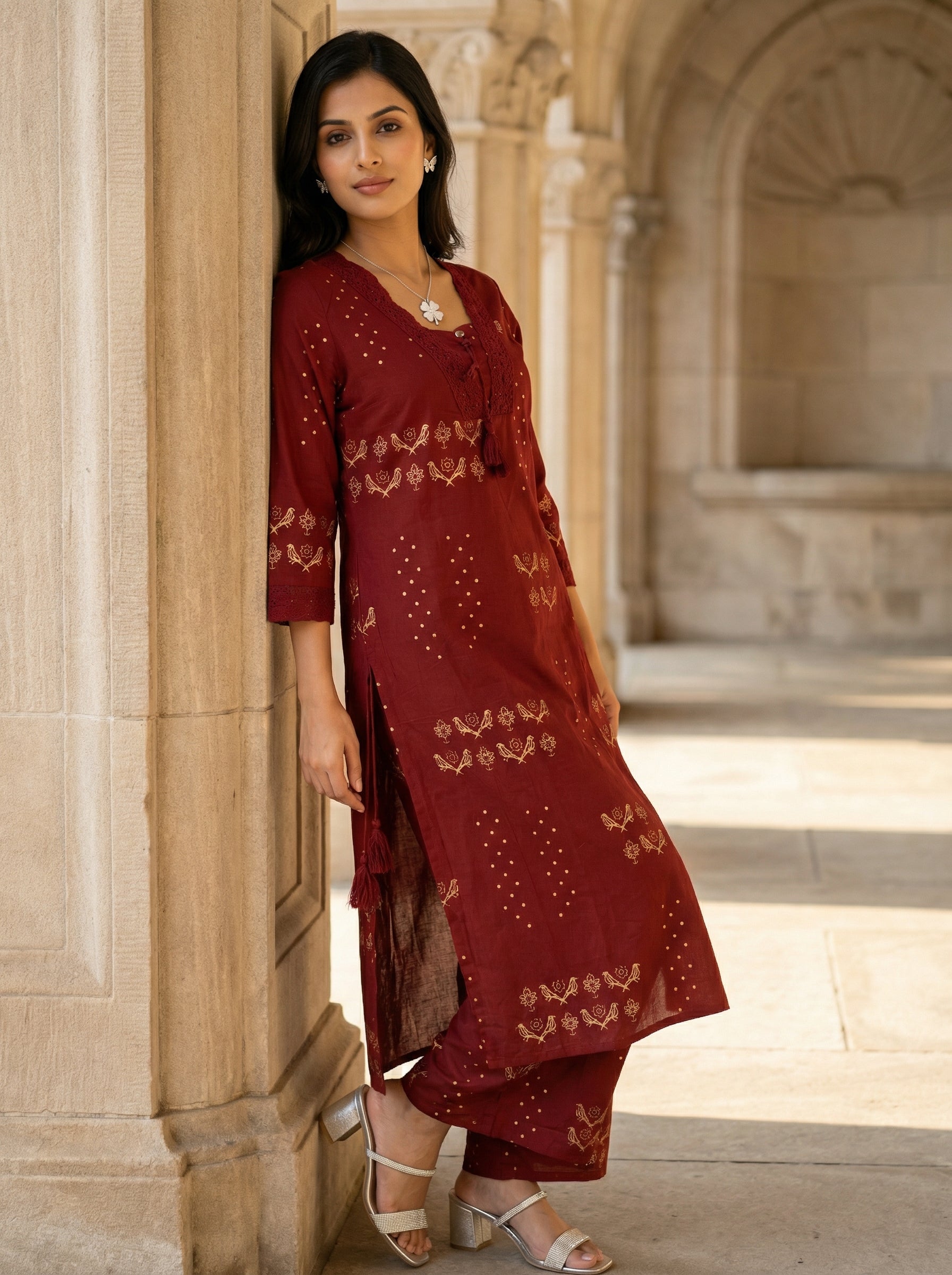 Laced Birdwhirl Maroon Cotton KP Set