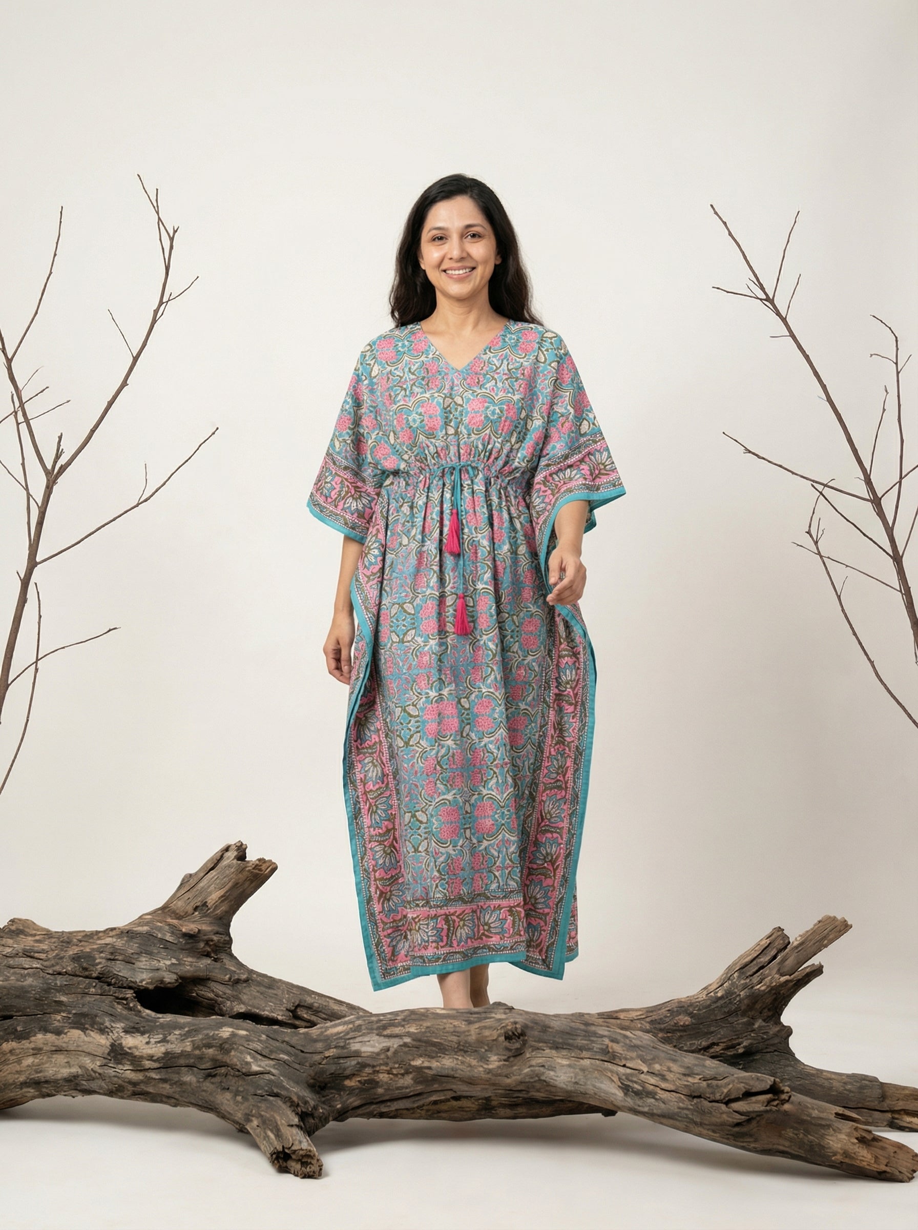 Long Mul Cotton Green/Pink Kaftan