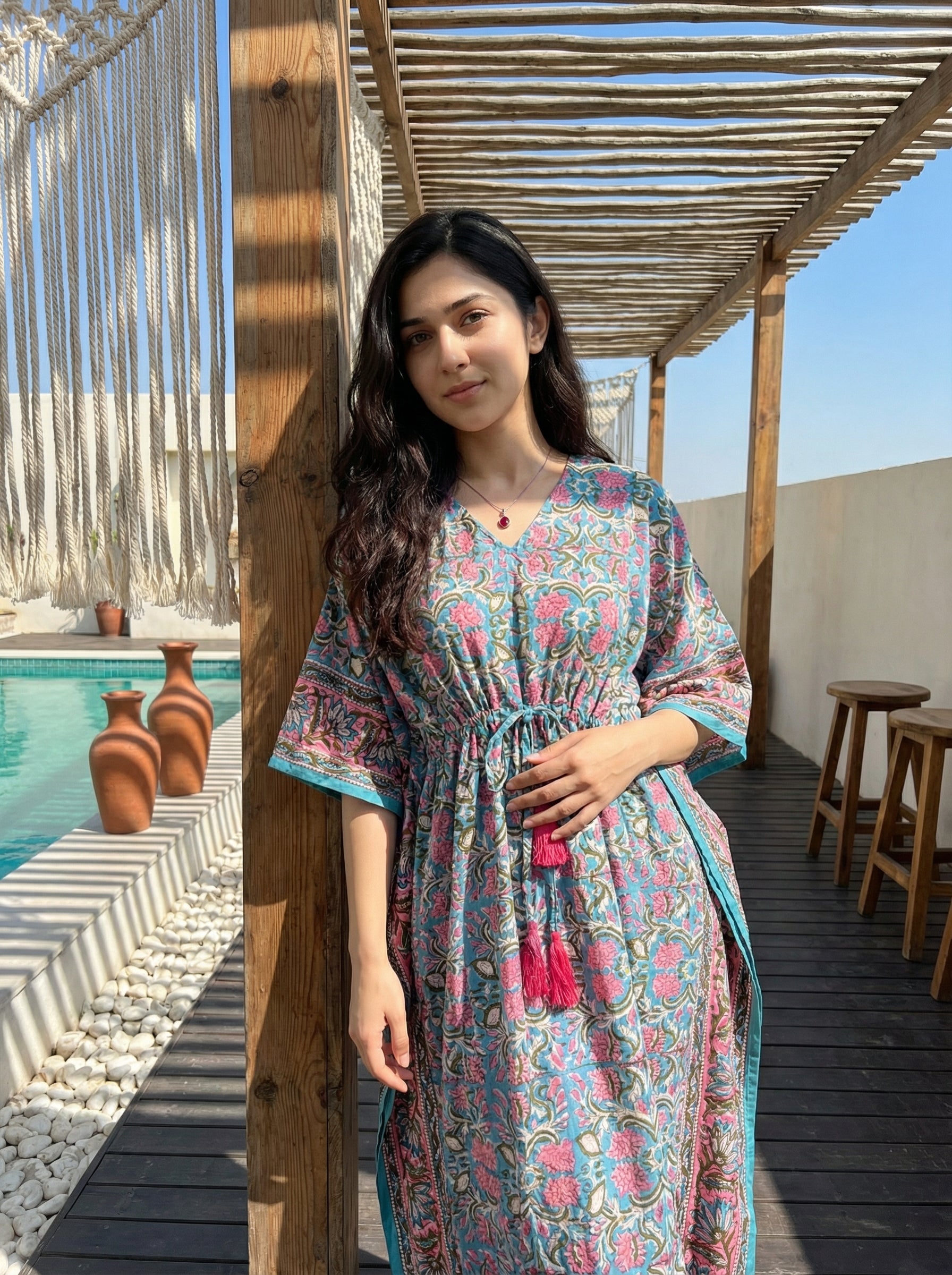Long Mul Cotton Green/Pink Kaftan