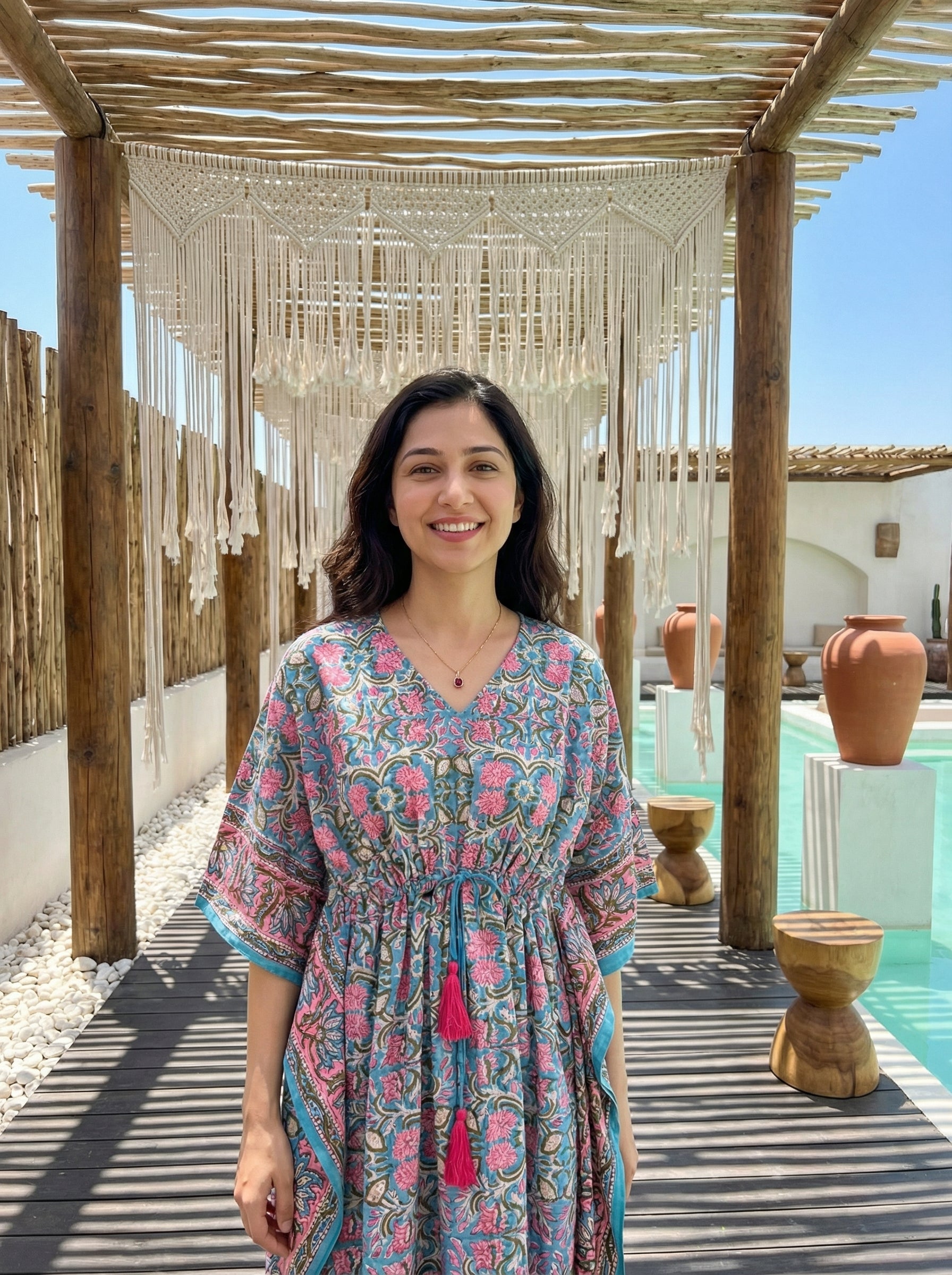 Long Mul Cotton Green/Pink Kaftan