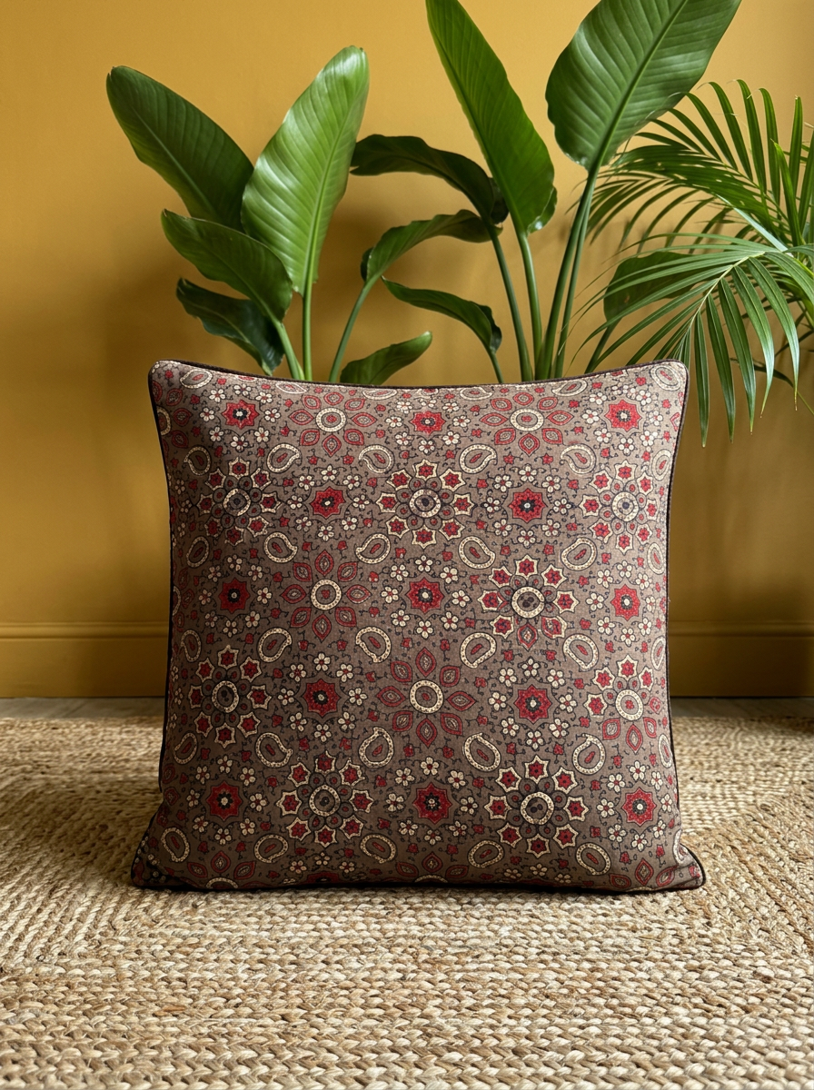 Ajrakh Modal Star Paisley Dance Brown Cushion Cover