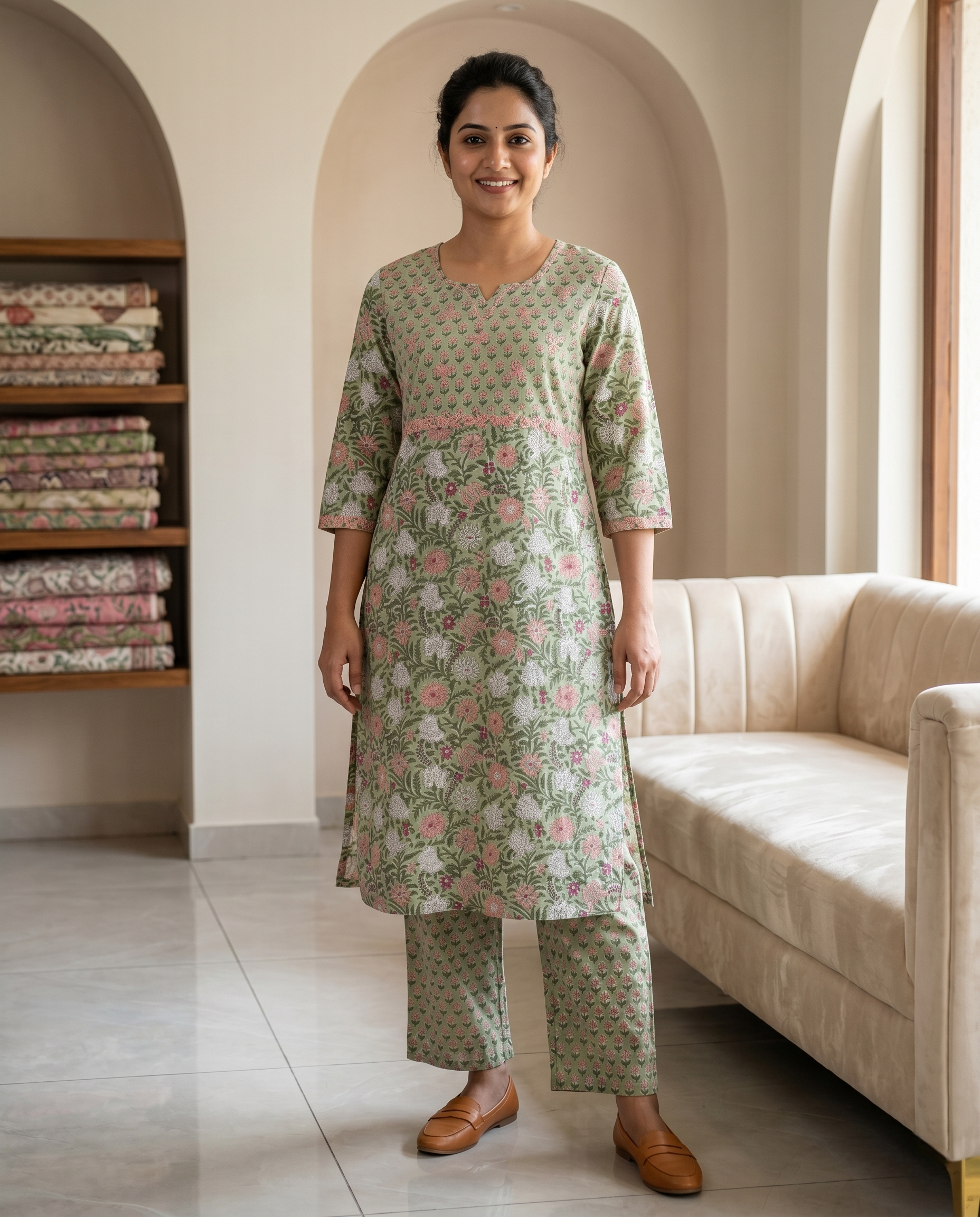 GOLDEN GRACE EMBROIDERY KURTA PANT SET - HANDBLOCK