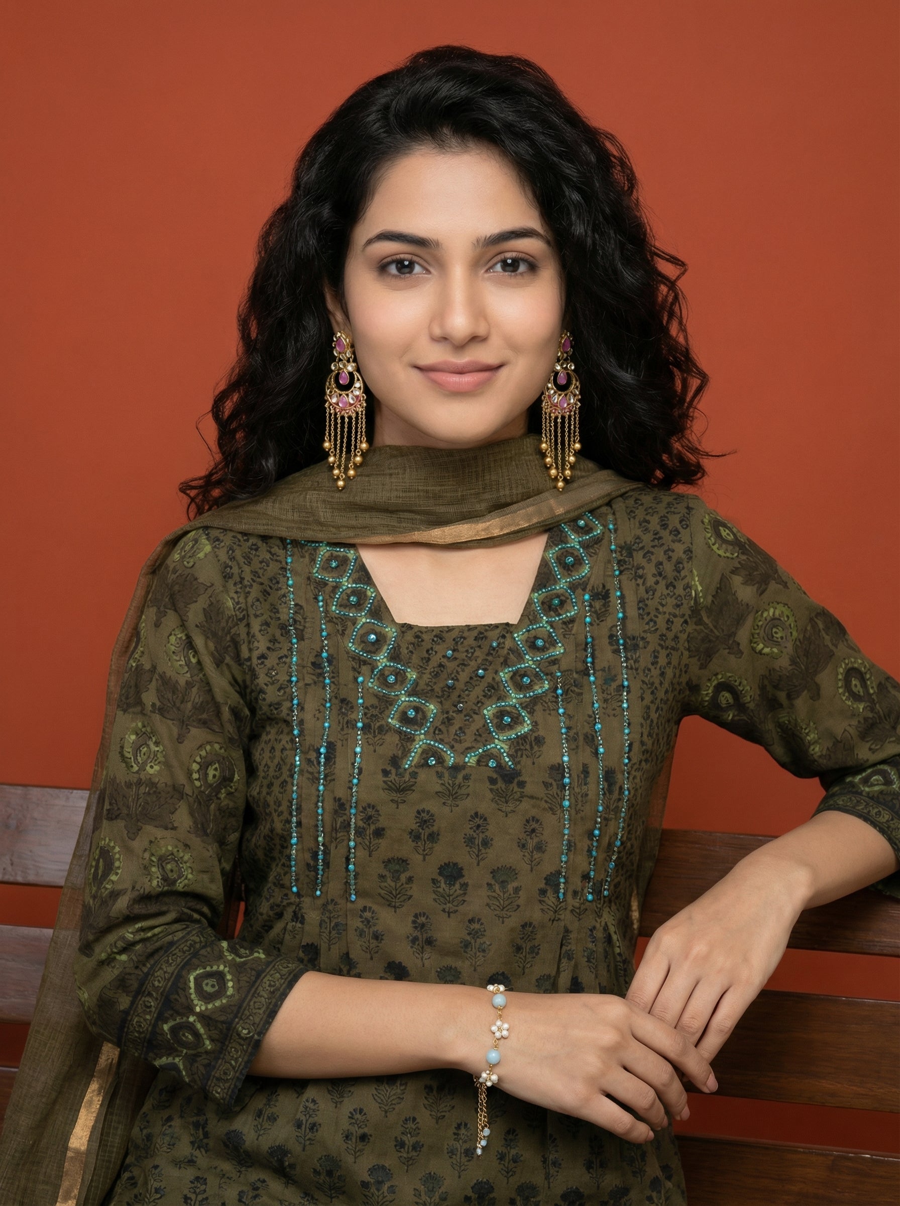 Olive Green Neck Floral Embellished Charm KPD Set