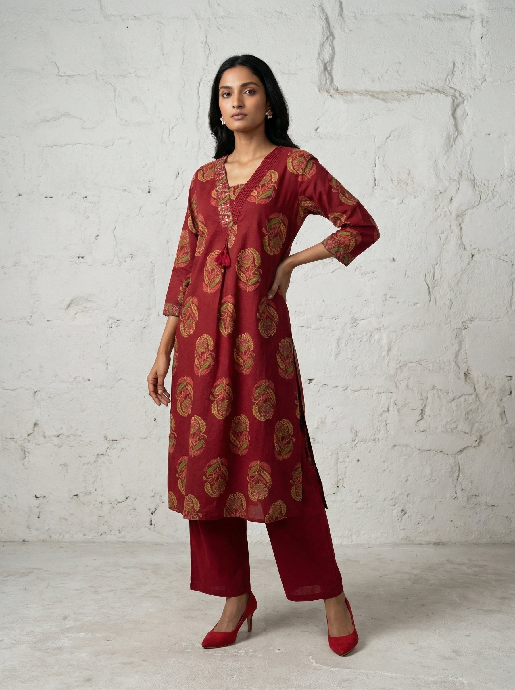 Maroon Cotton Floral KPD Set