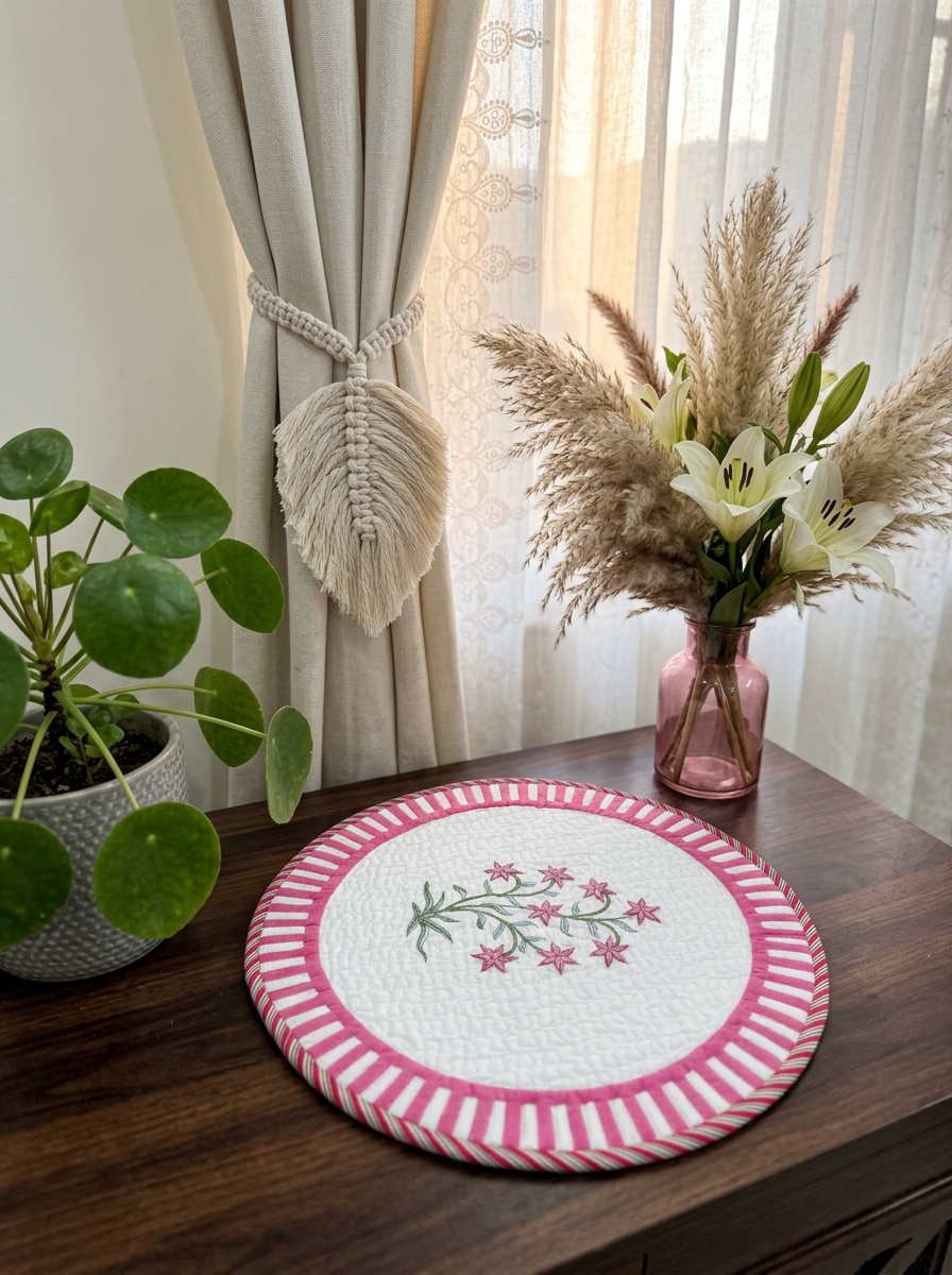 Quilted Rosy Star Blossom Round Mat