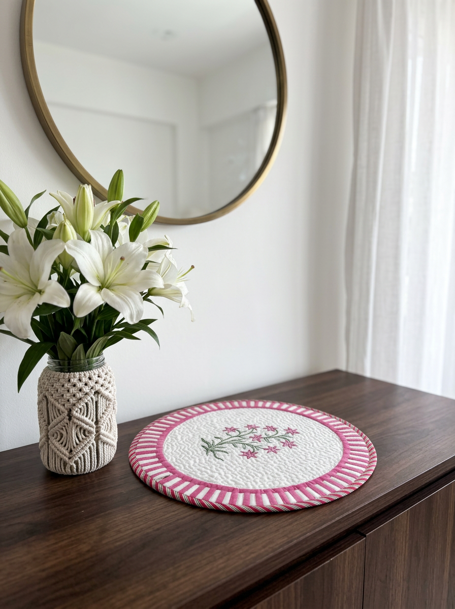Quilted Rosy Star Blossom Round Mat