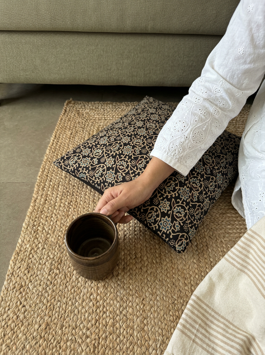 Ajrakh Modal Swirling Blossom Vine Black Cushion Cover