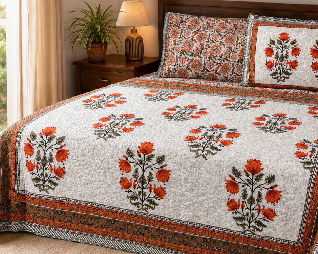 Kesariya Gul Comforter (Hand Block) - 90*108