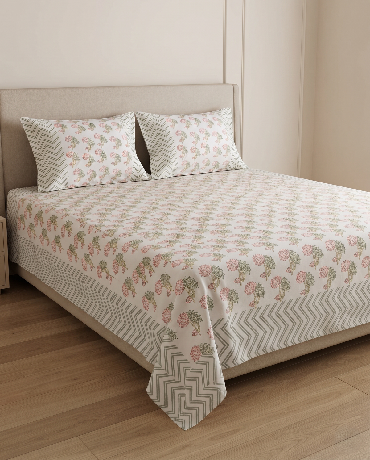 The Blush Sage Floral Chevron Premium Cotton Bedsheet