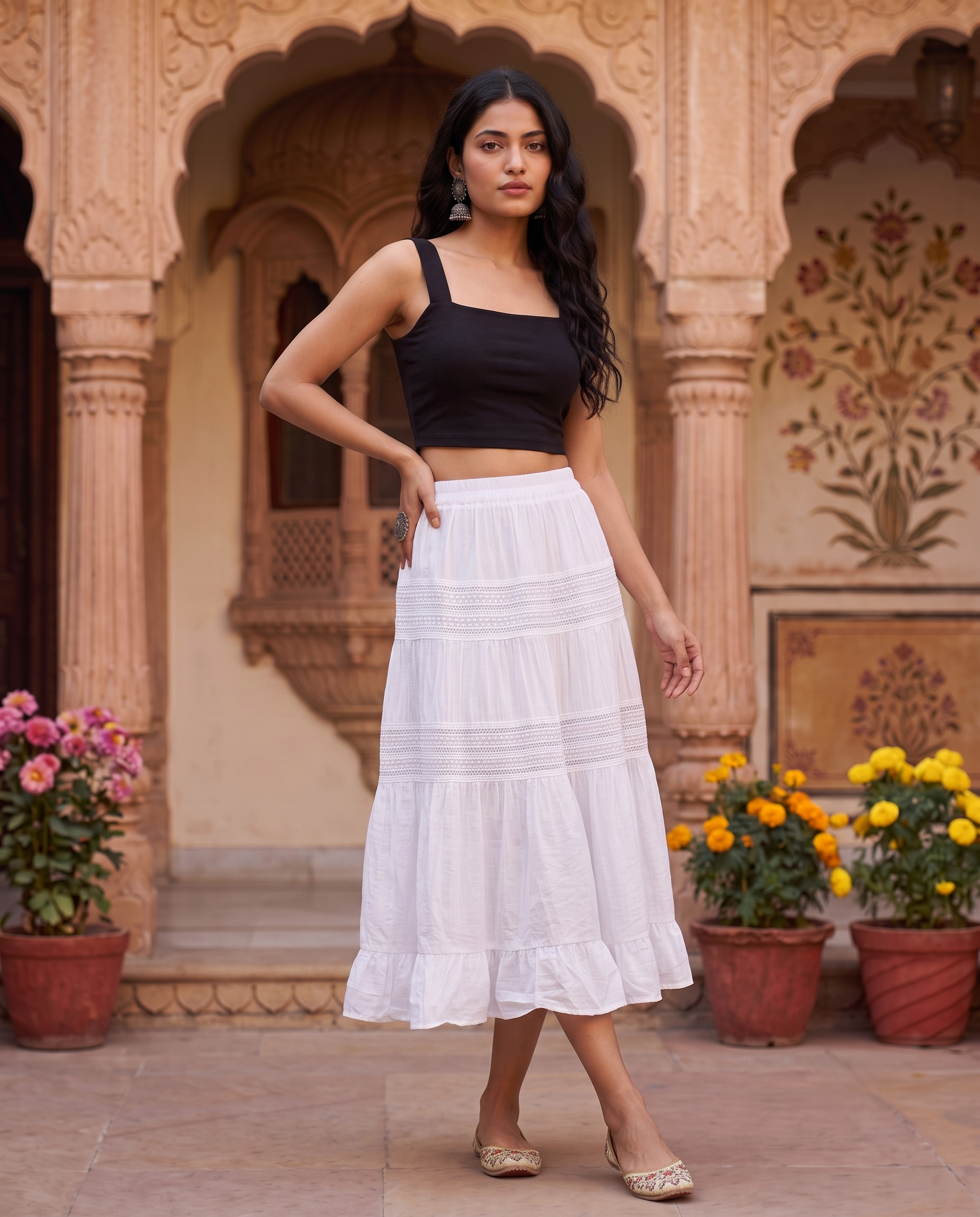 Celestia Tiered Midi Skirt – Ivory White