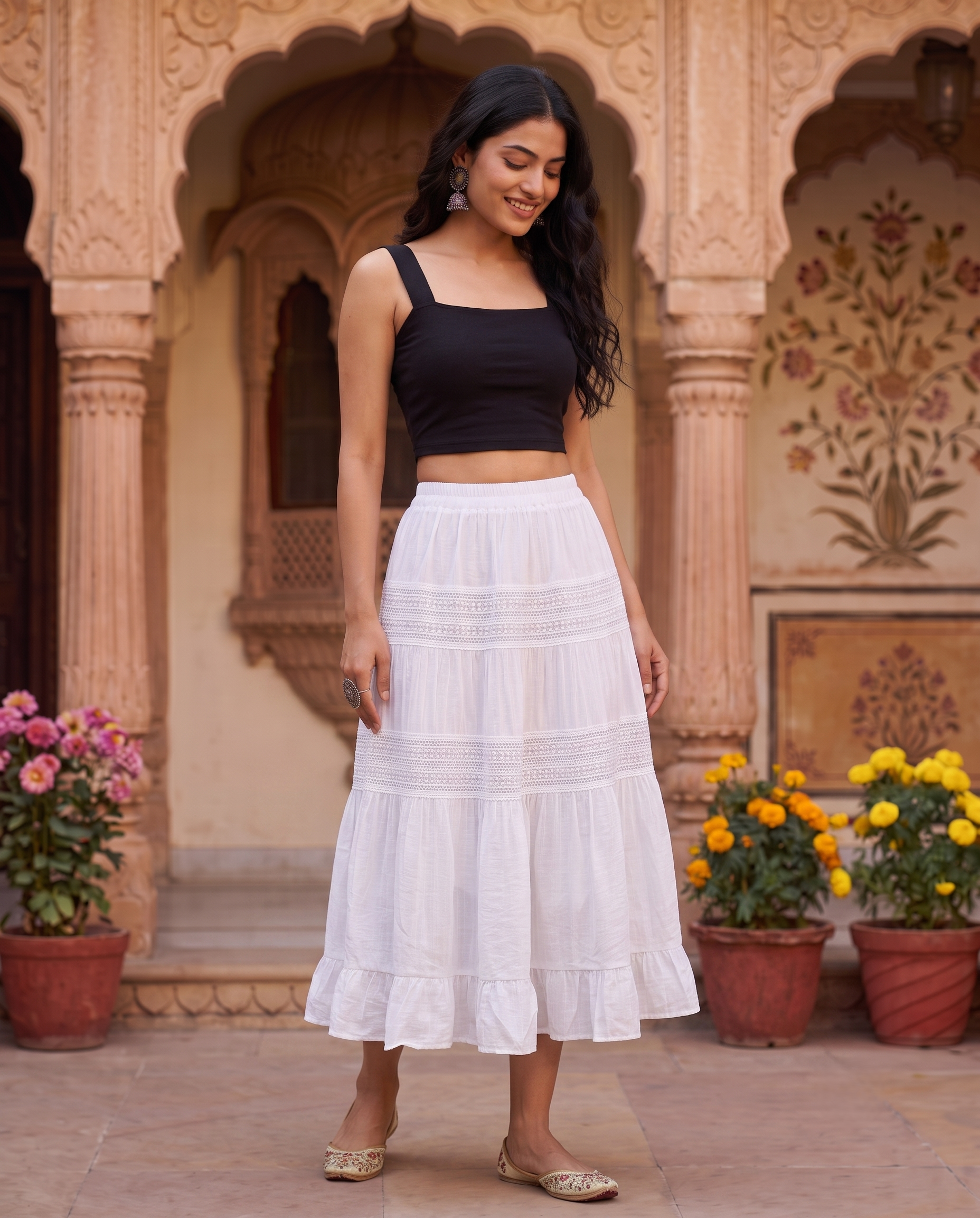 Celestia Tiered Midi Skirt – Ivory White