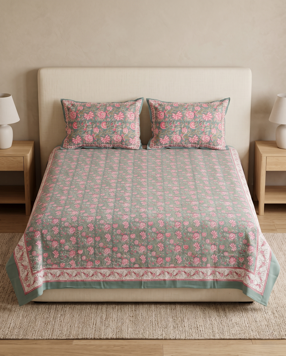 The Sage Pink Floral Garden Thick Cotton Bedsheet