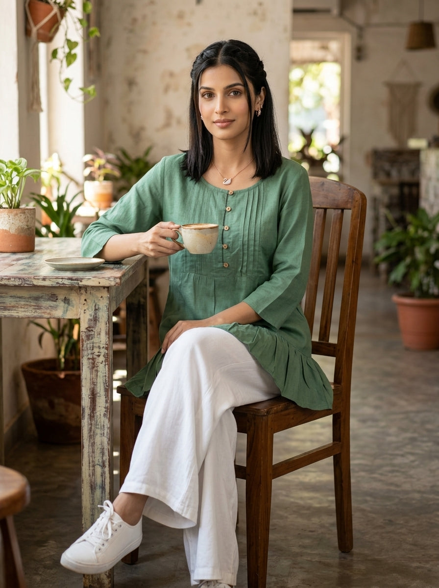 THE LINEAR WAVE GREEN COTTON TOP