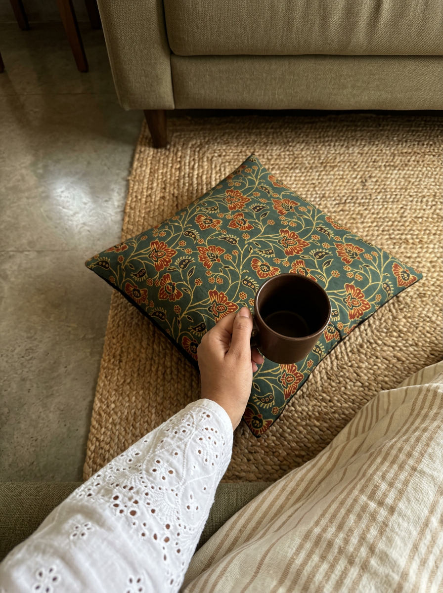 Ajrakh Modal Dancing Dahlias Green Cushion Cover